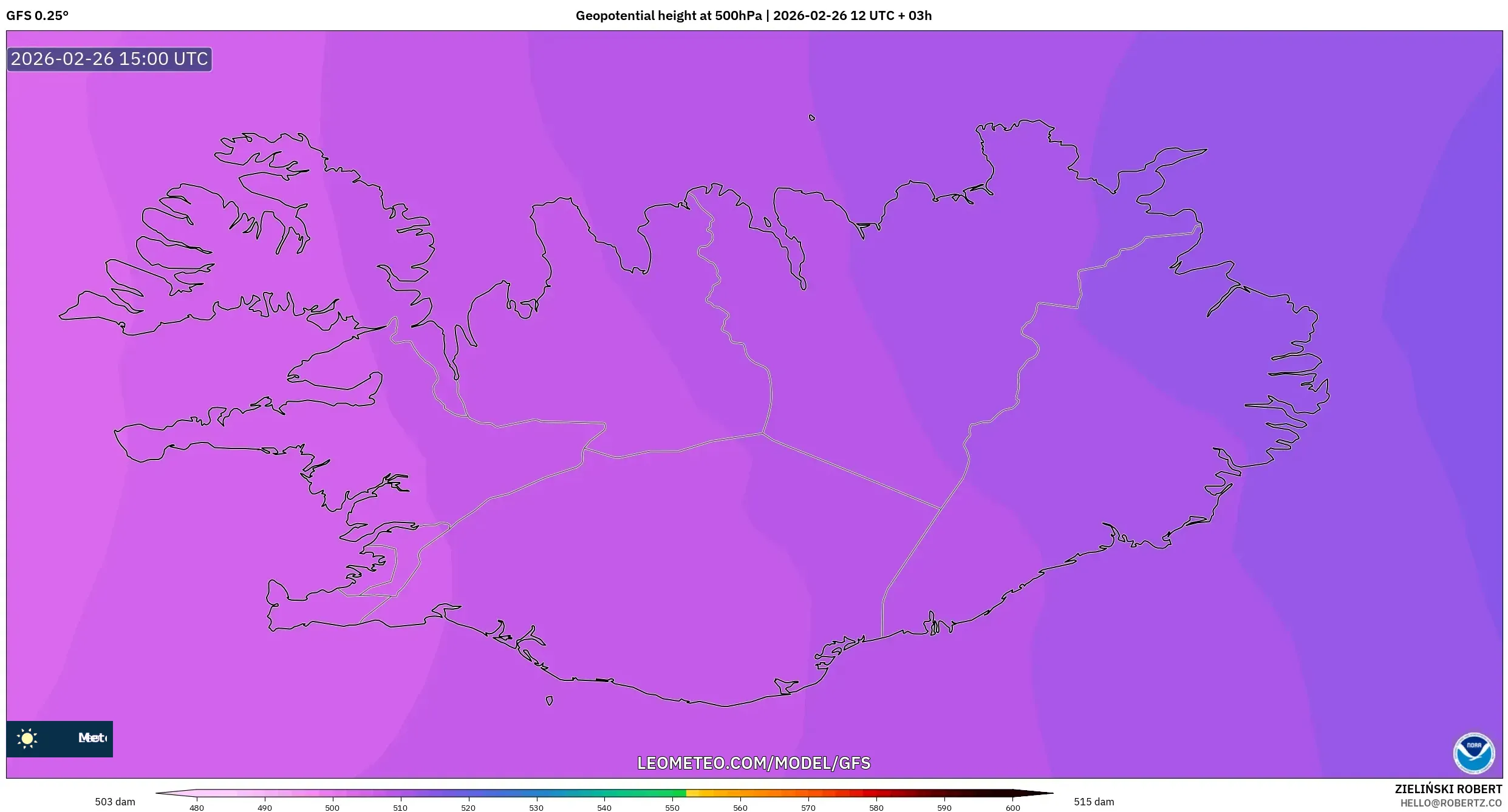 GFS model - İzlanda, 500 hPa’da jeopotansiyel yükseklik