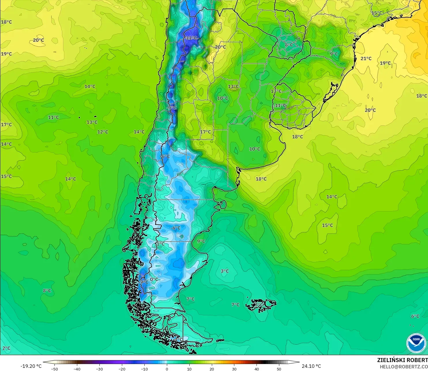 GFS model - Arjantin, 2 m Çiy Noktası