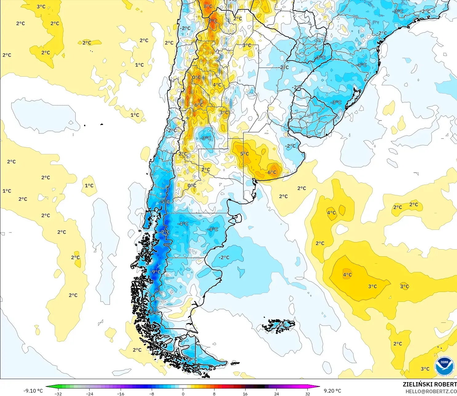 GFS model - Arjantin, 2 m Sıcaklık Anomalisi