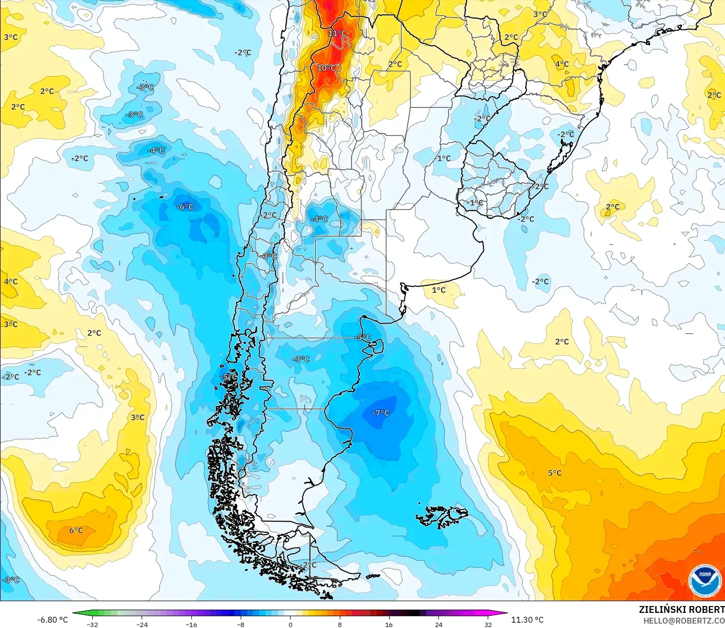 GFS model - Arjantin, 850 hPa Sıcaklık Anomalisi