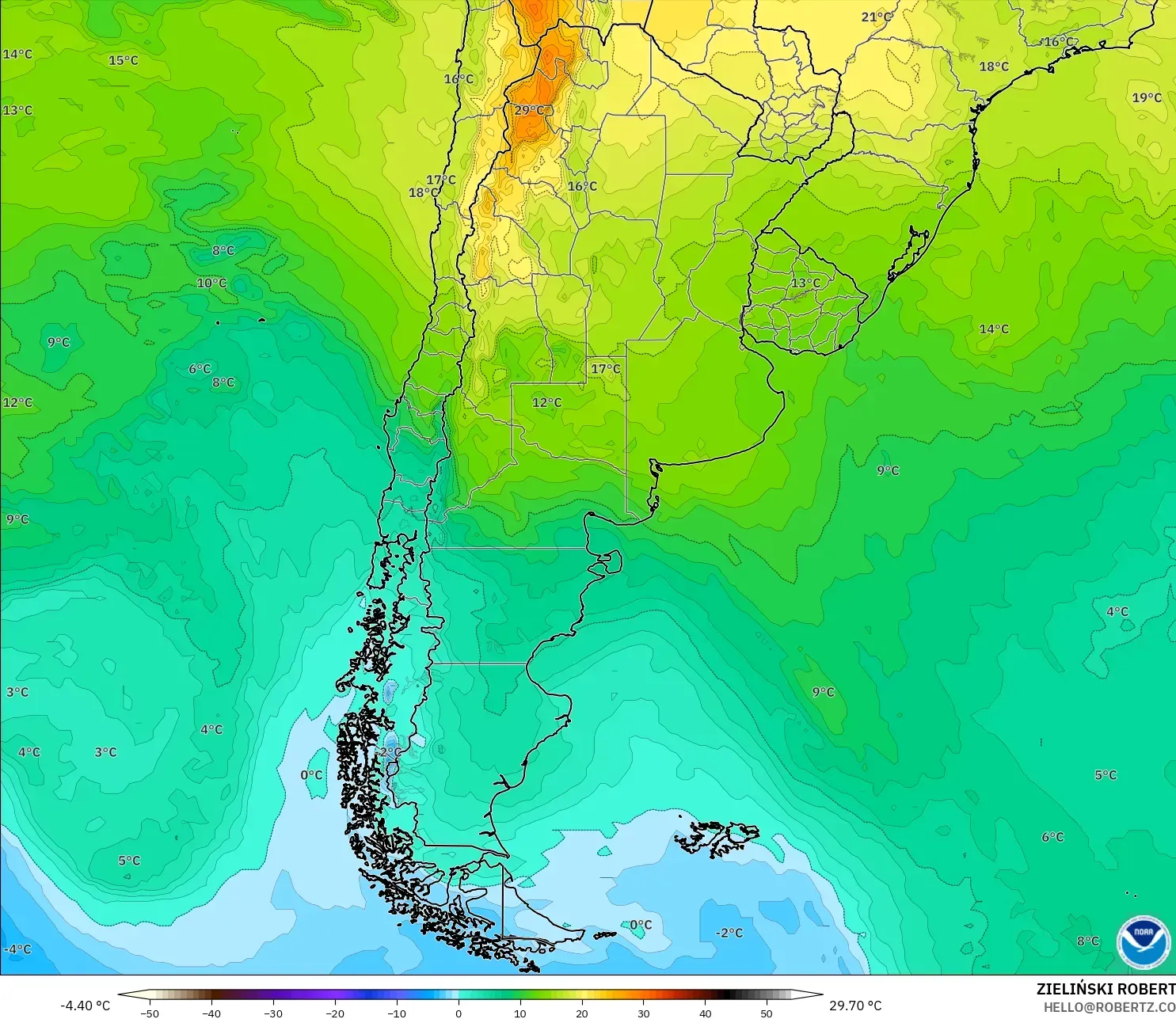 GFS model - Arjantin, 850 hPa Sıcaklık