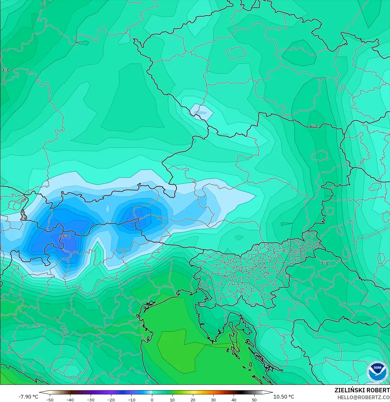 GFS model - Avusturya, 2 m Çiy Noktası