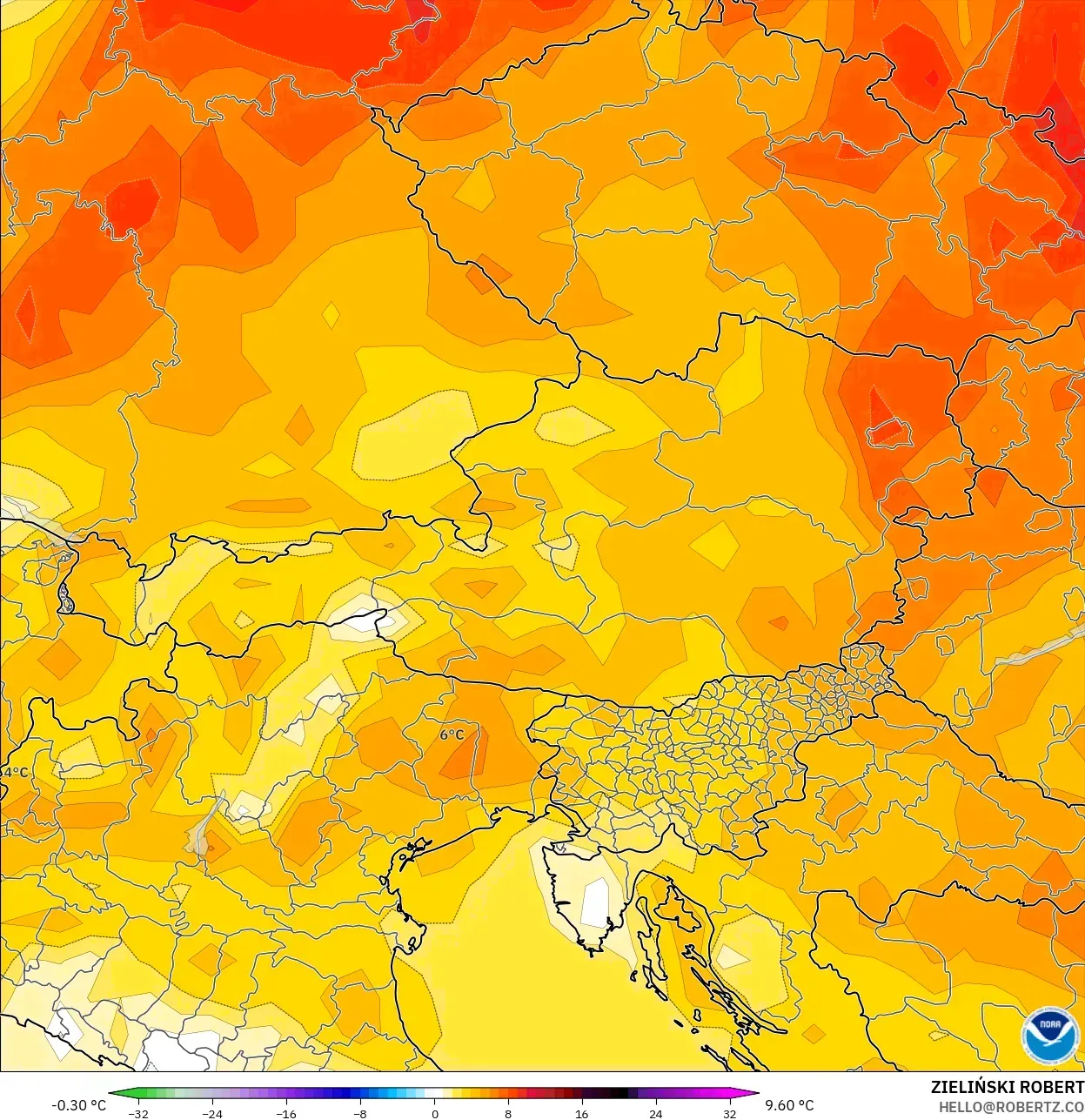 GFS model - Avusturya, 2 m Sıcaklık Anomalisi