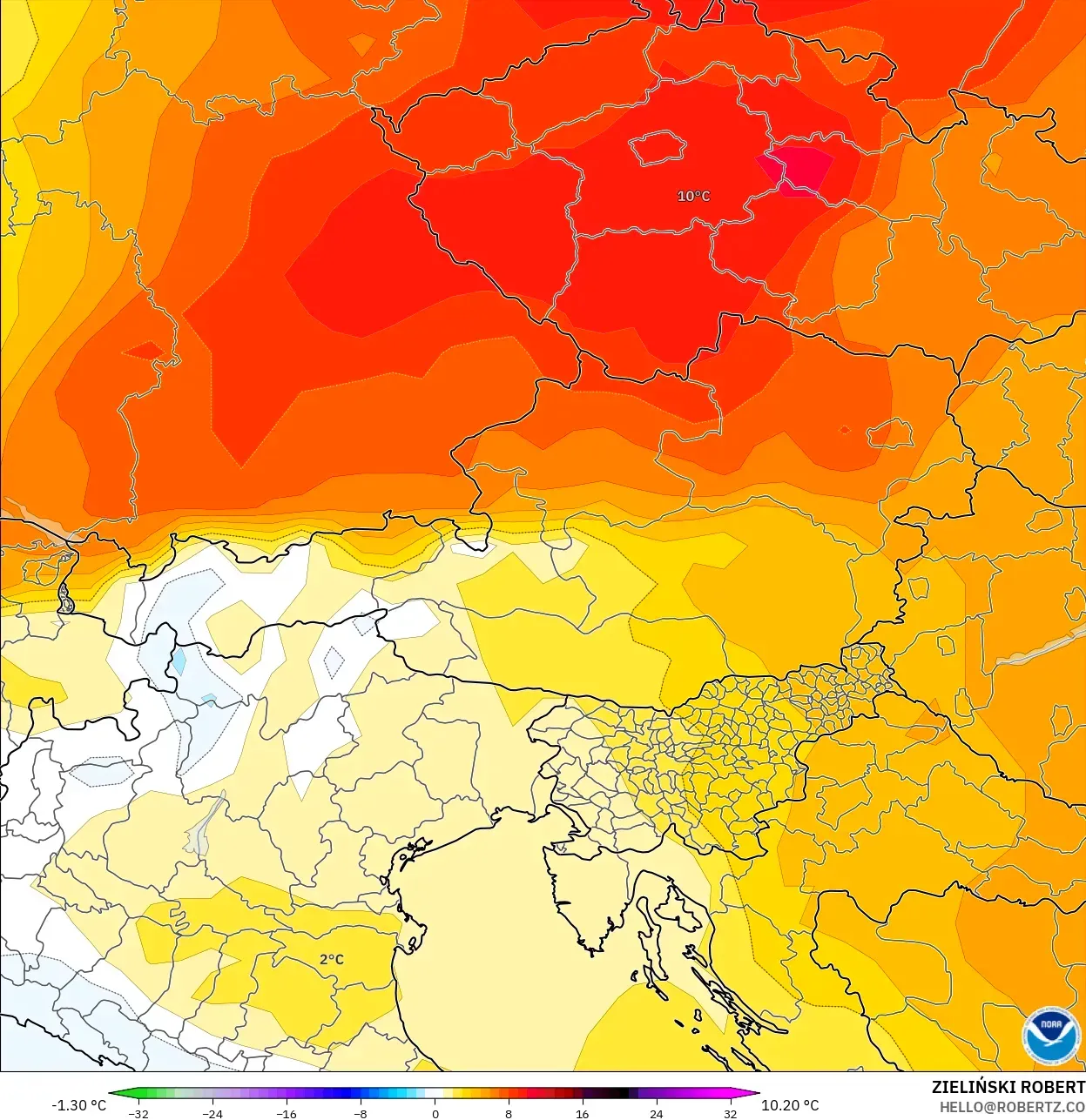 GFS model - Avusturya, 850 hPa Sıcaklık Anomalisi