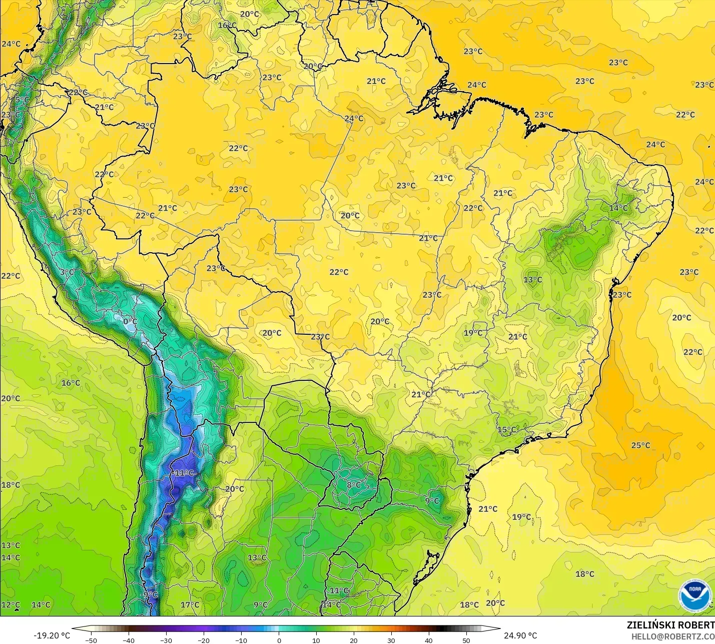 GFS model - Brezilya, 2 m Çiy Noktası