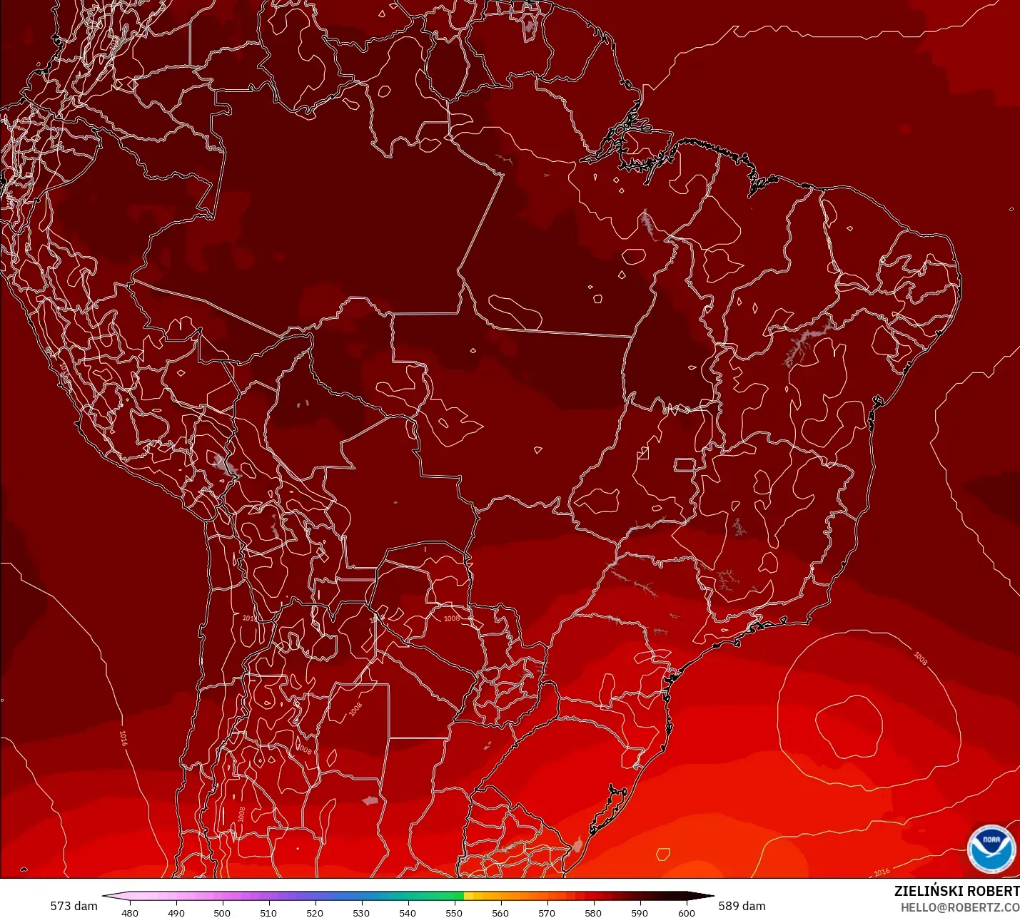 GFS model - Brezilya, 500 hPa’da jeopotansiyel yükseklik