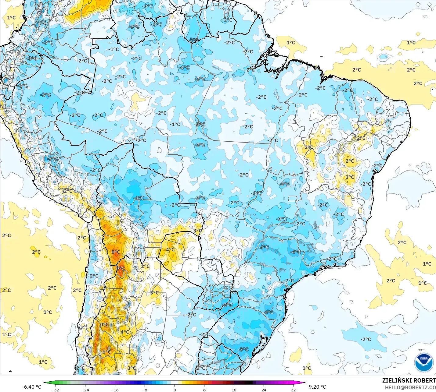 GFS model - Brezilya, 2 m Sıcaklık Anomalisi