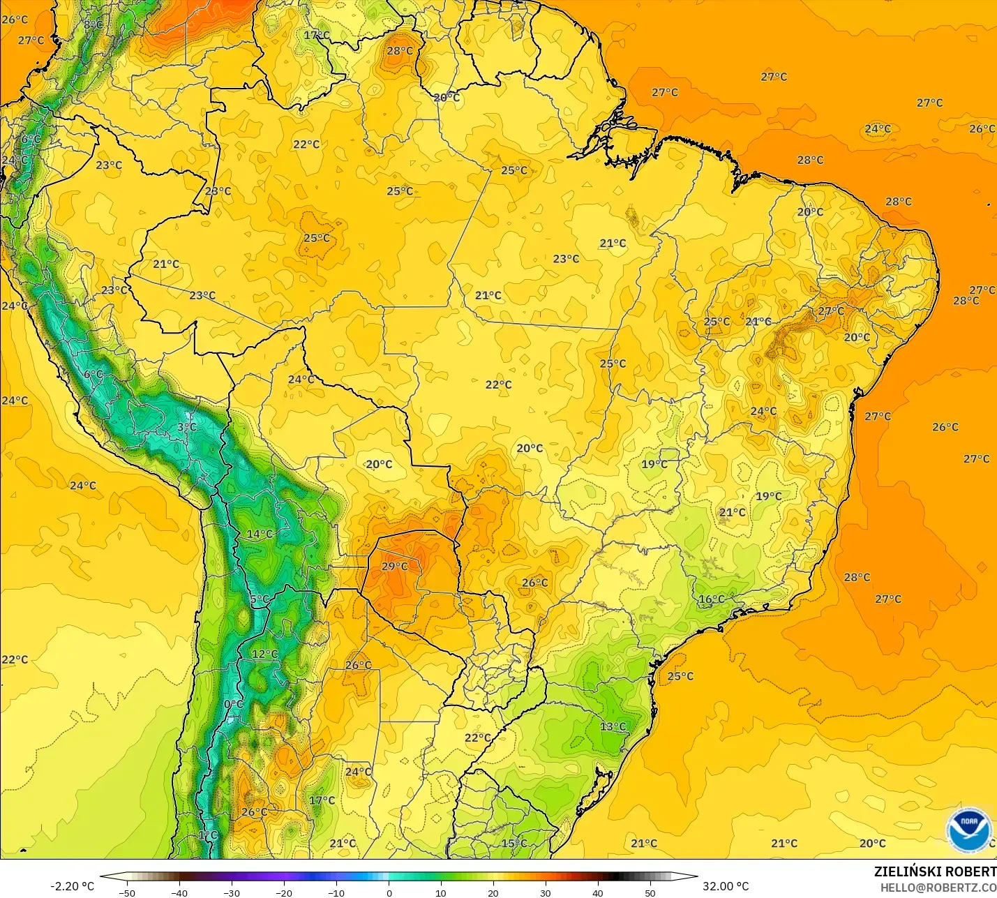 GFS model - Brezilya, 2 m Sıcaklık