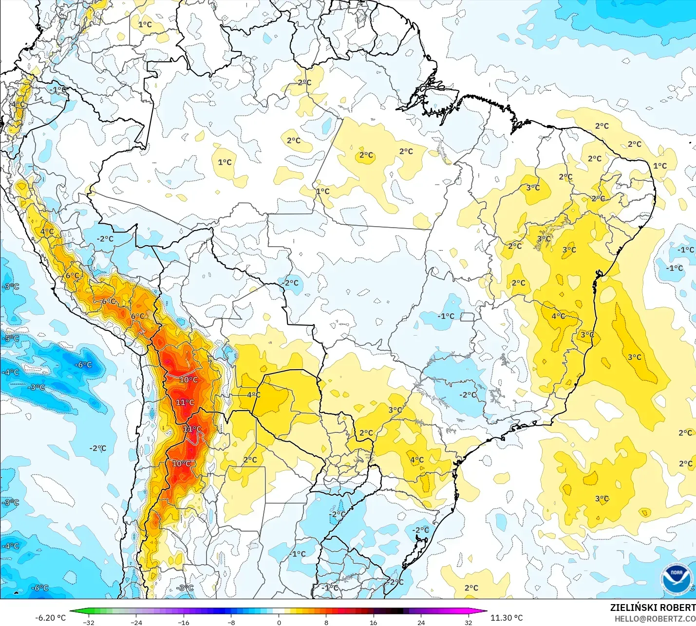 GFS model - Brezilya, 850 hPa Sıcaklık Anomalisi