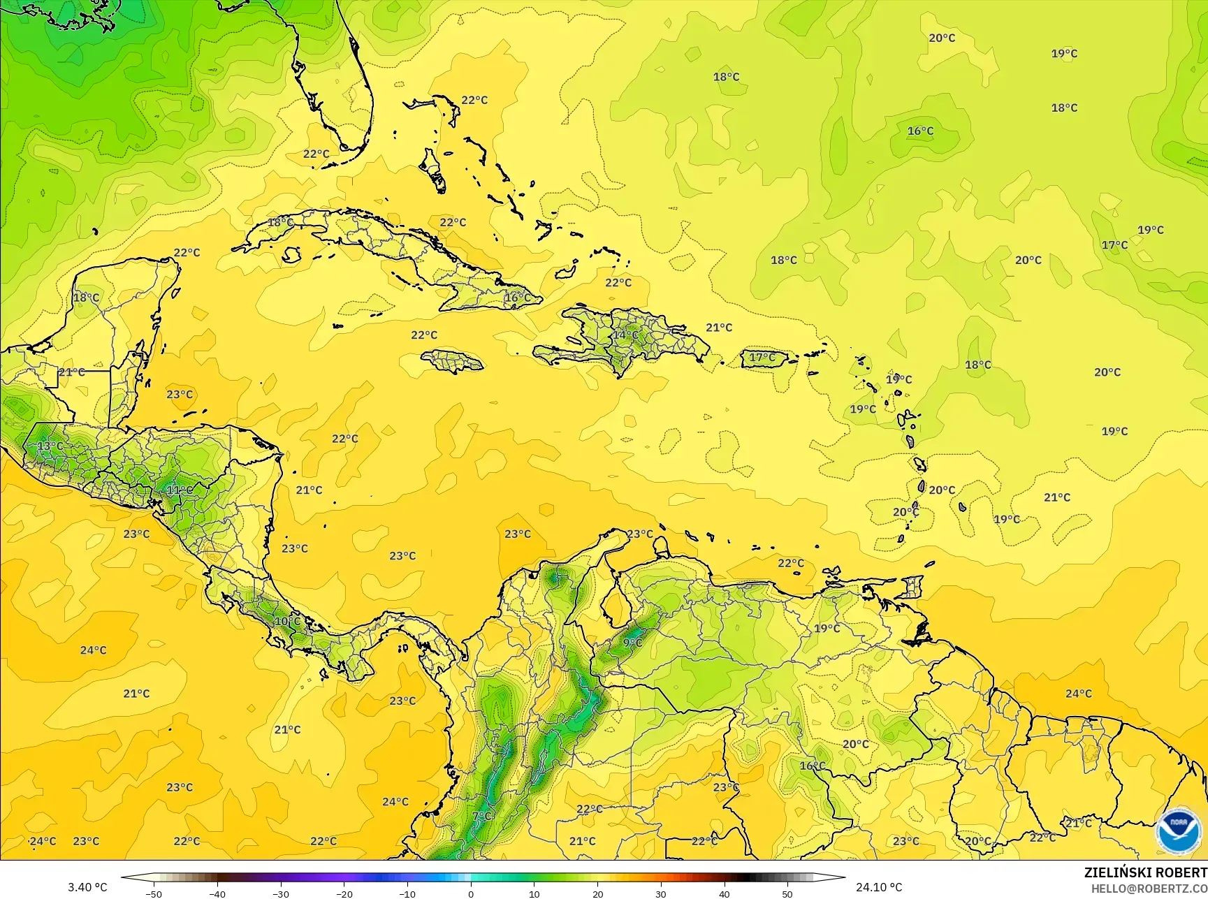 GFS model - Karayipler, 2 m Çiy Noktası