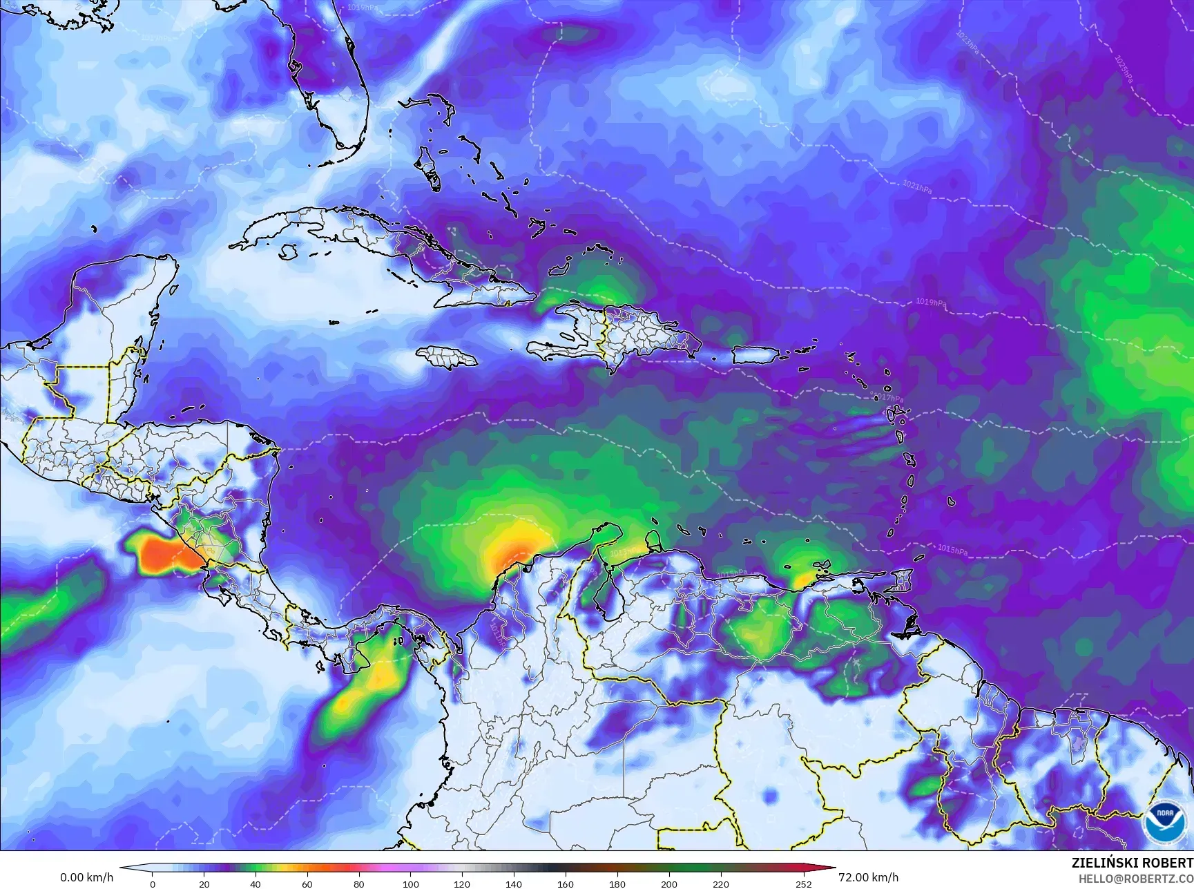 GFS model - Karayipler, En Yüksek Rüzgâr