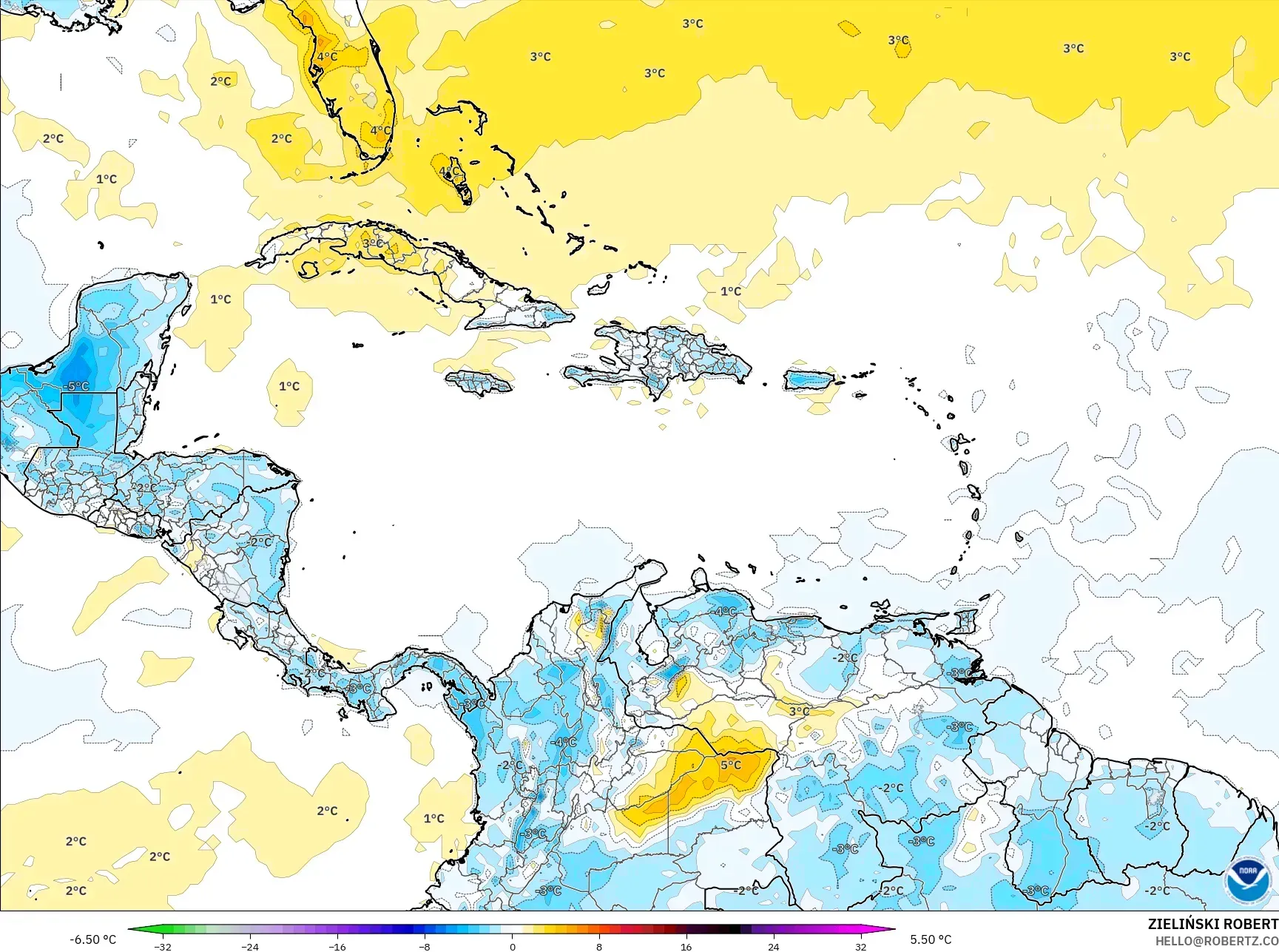 GFS model - Karayipler, 2 m Sıcaklık Anomalisi