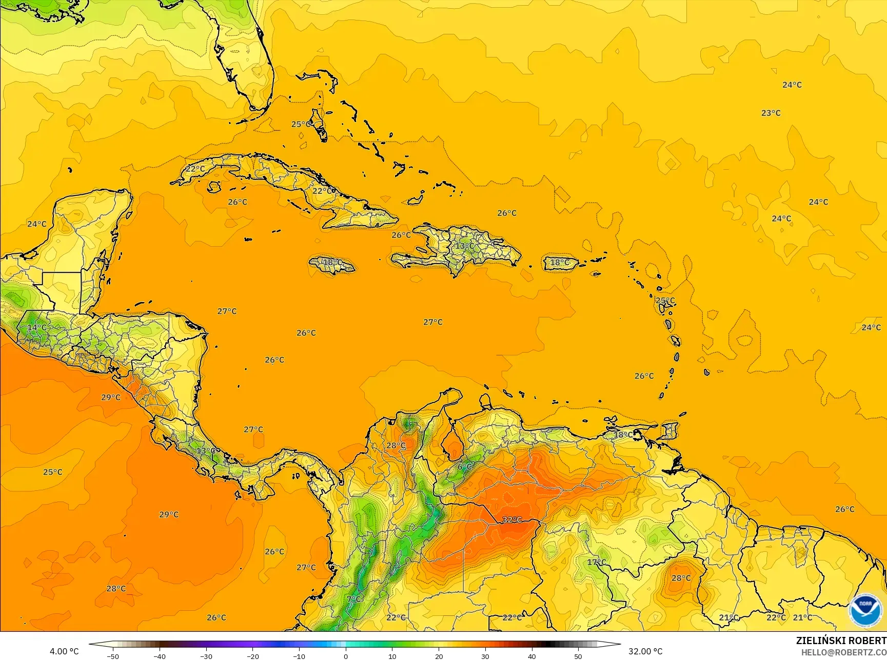 GFS model - Karayipler, 2 m Sıcaklık