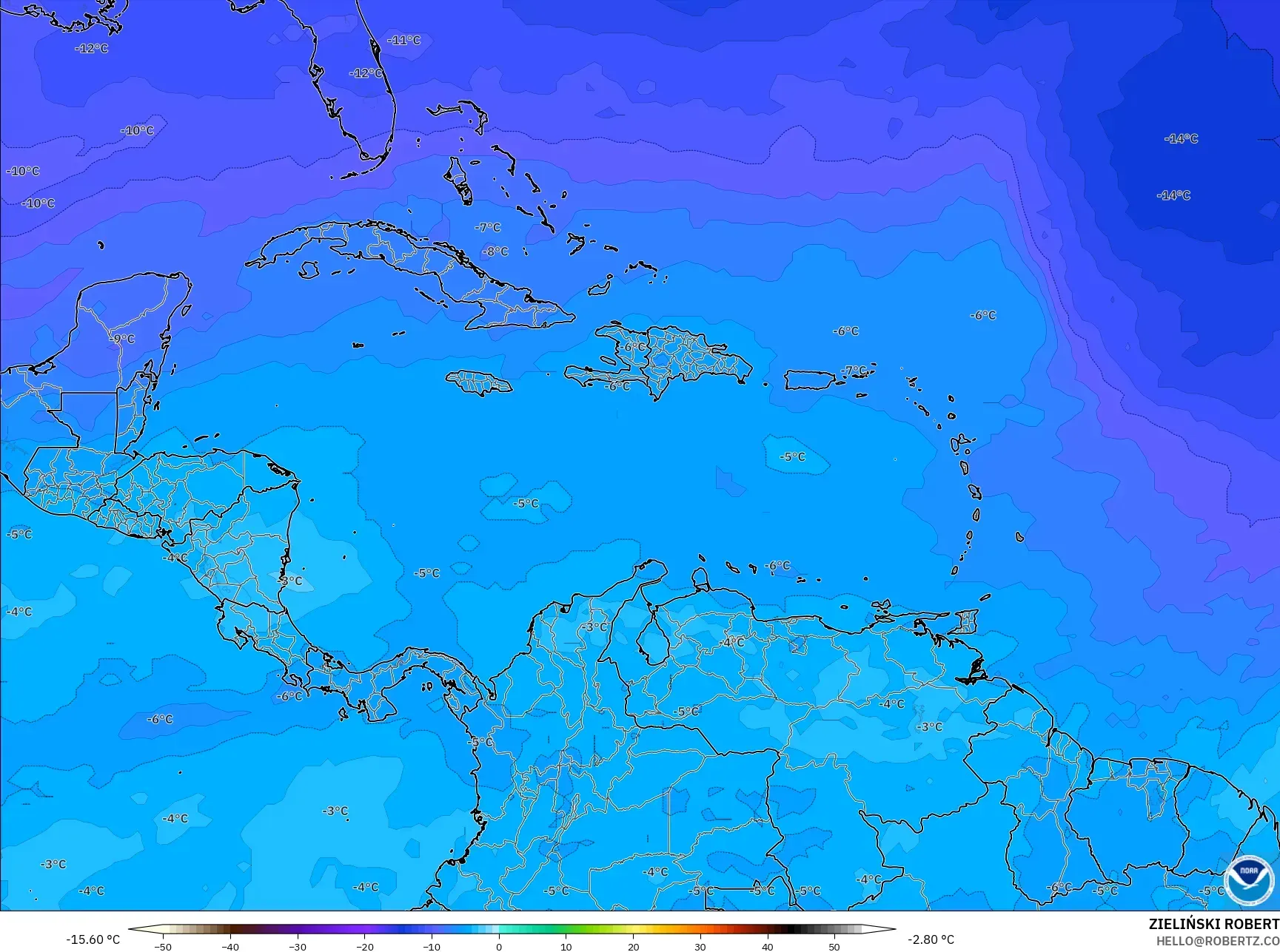 GFS model - Karayipler, 500 hPa Sıcaklık