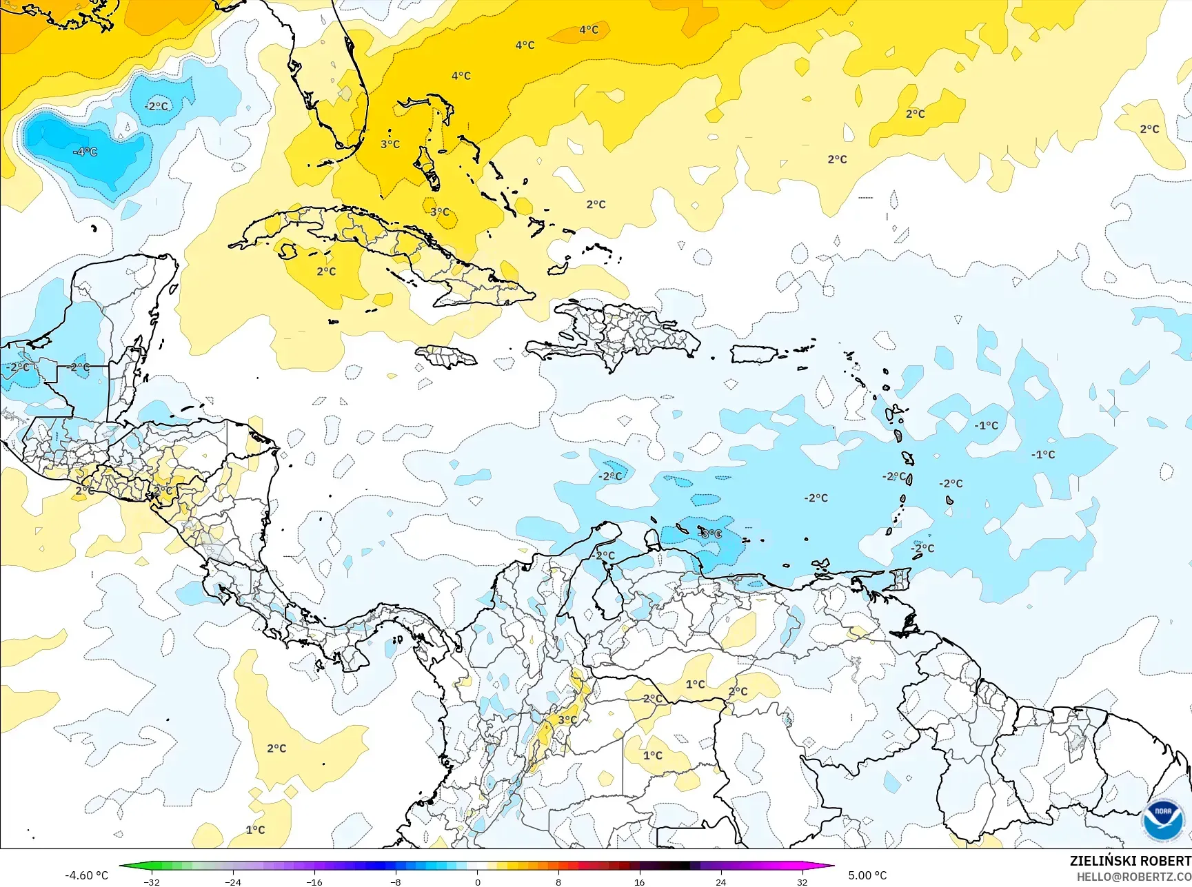 GFS model - Karayipler, 850 hPa Sıcaklık Anomalisi