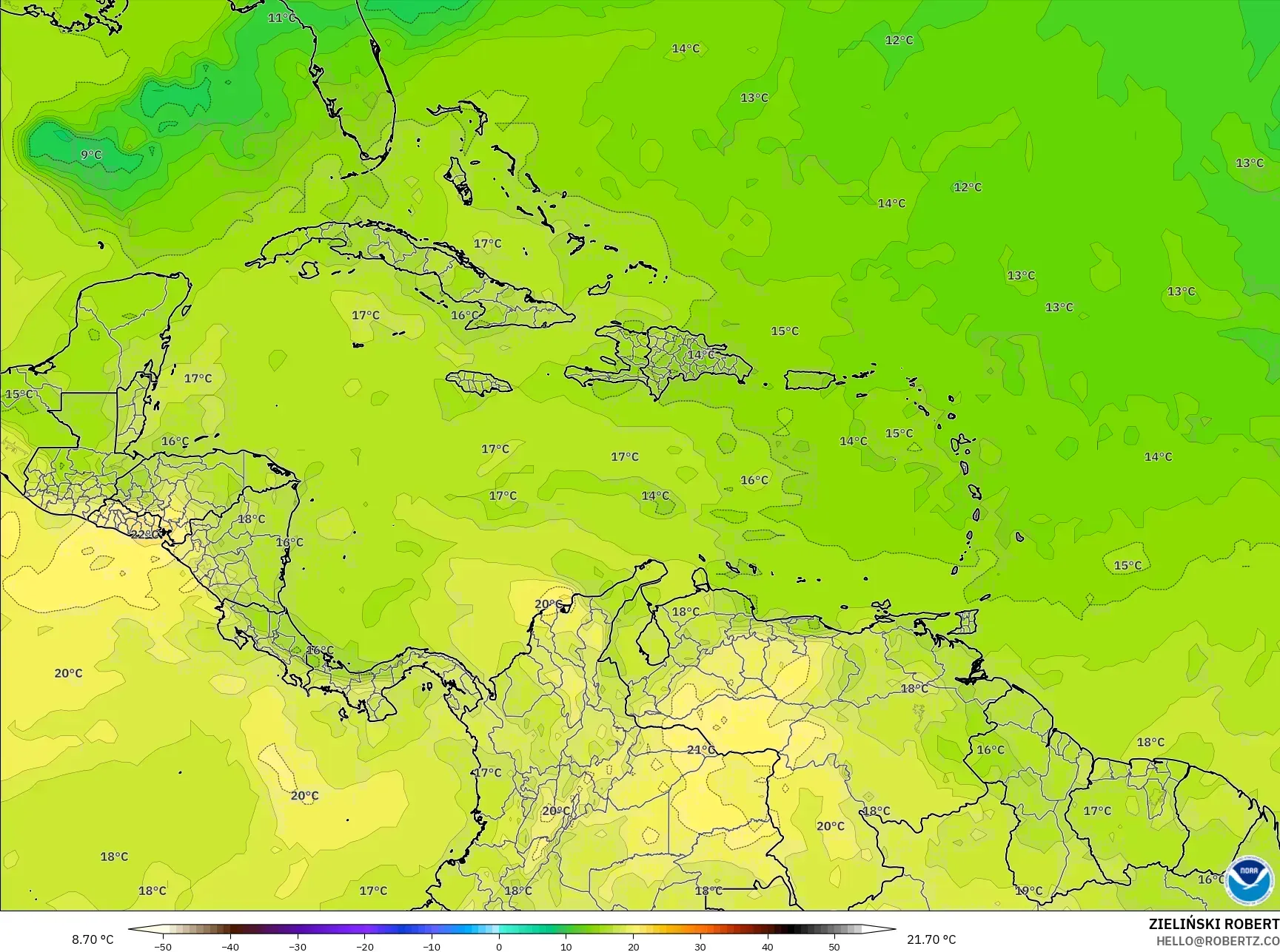 GFS model - Karayipler, 850 hPa Sıcaklık