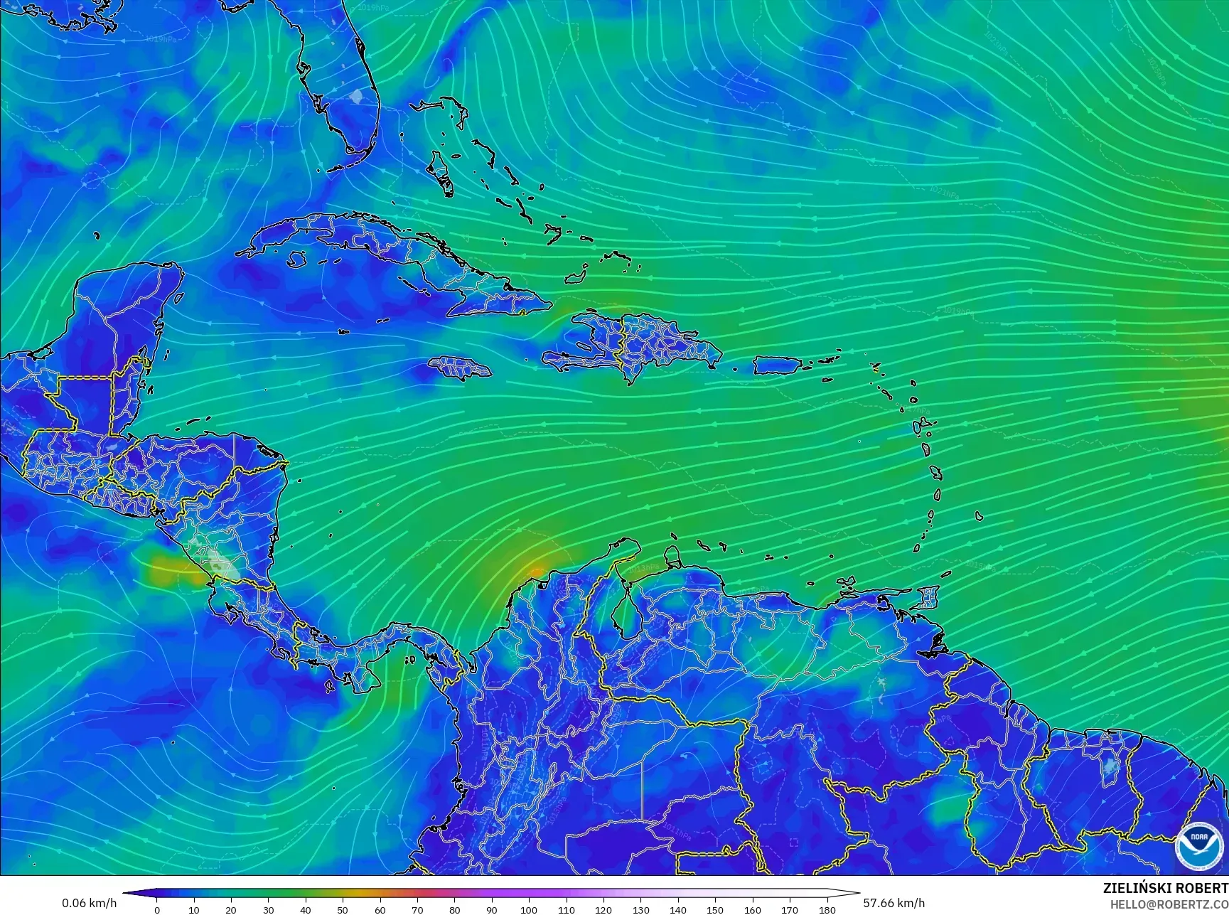 GFS model - Karayipler, 10 m Rüzgâr