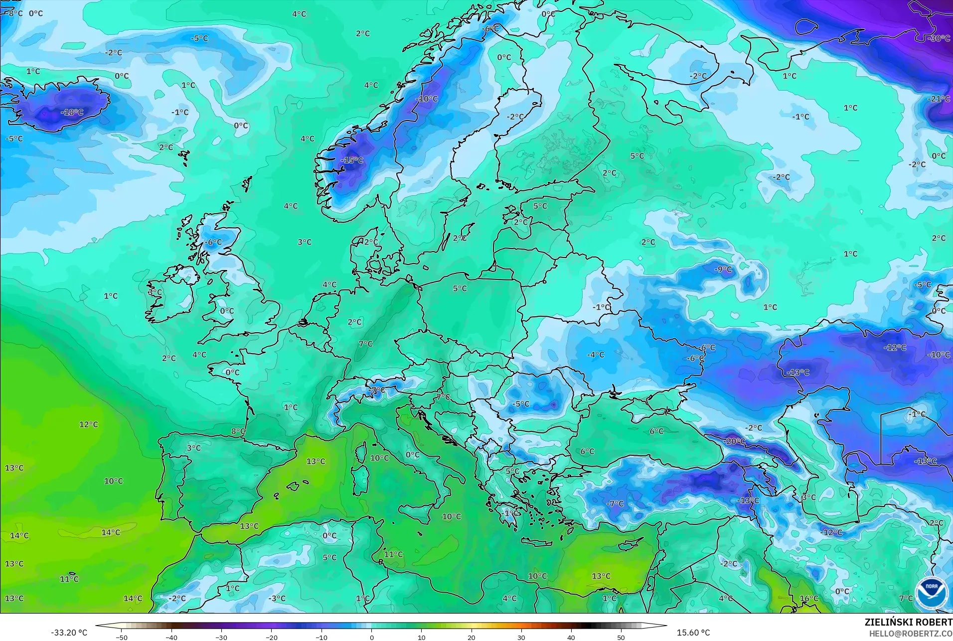GFS model - Avrupa, 2 m Çiy Noktası