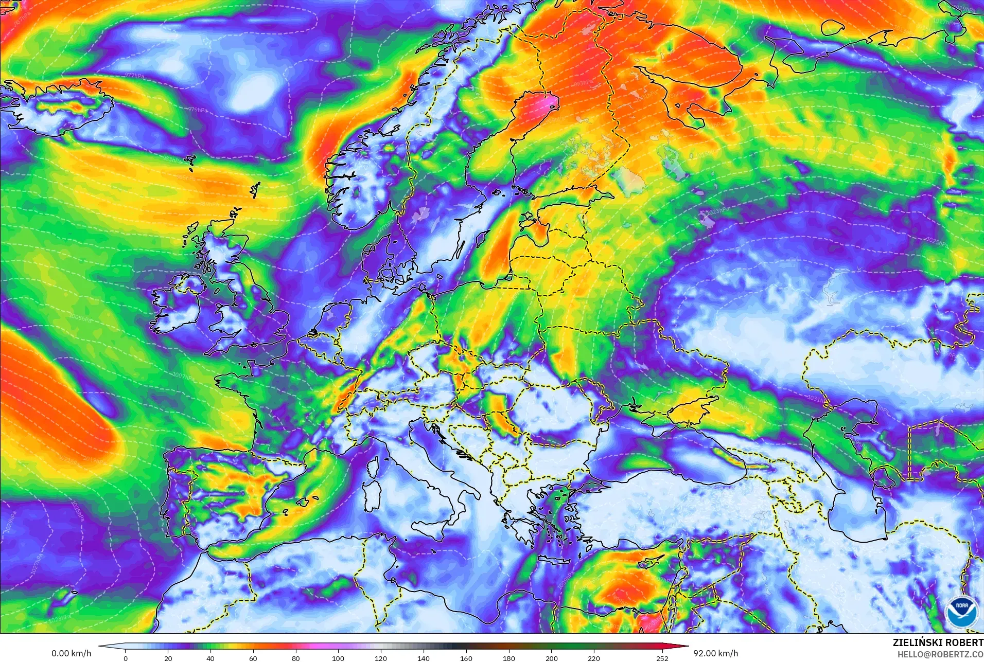 GFS model - Avrupa, En Yüksek Rüzgâr