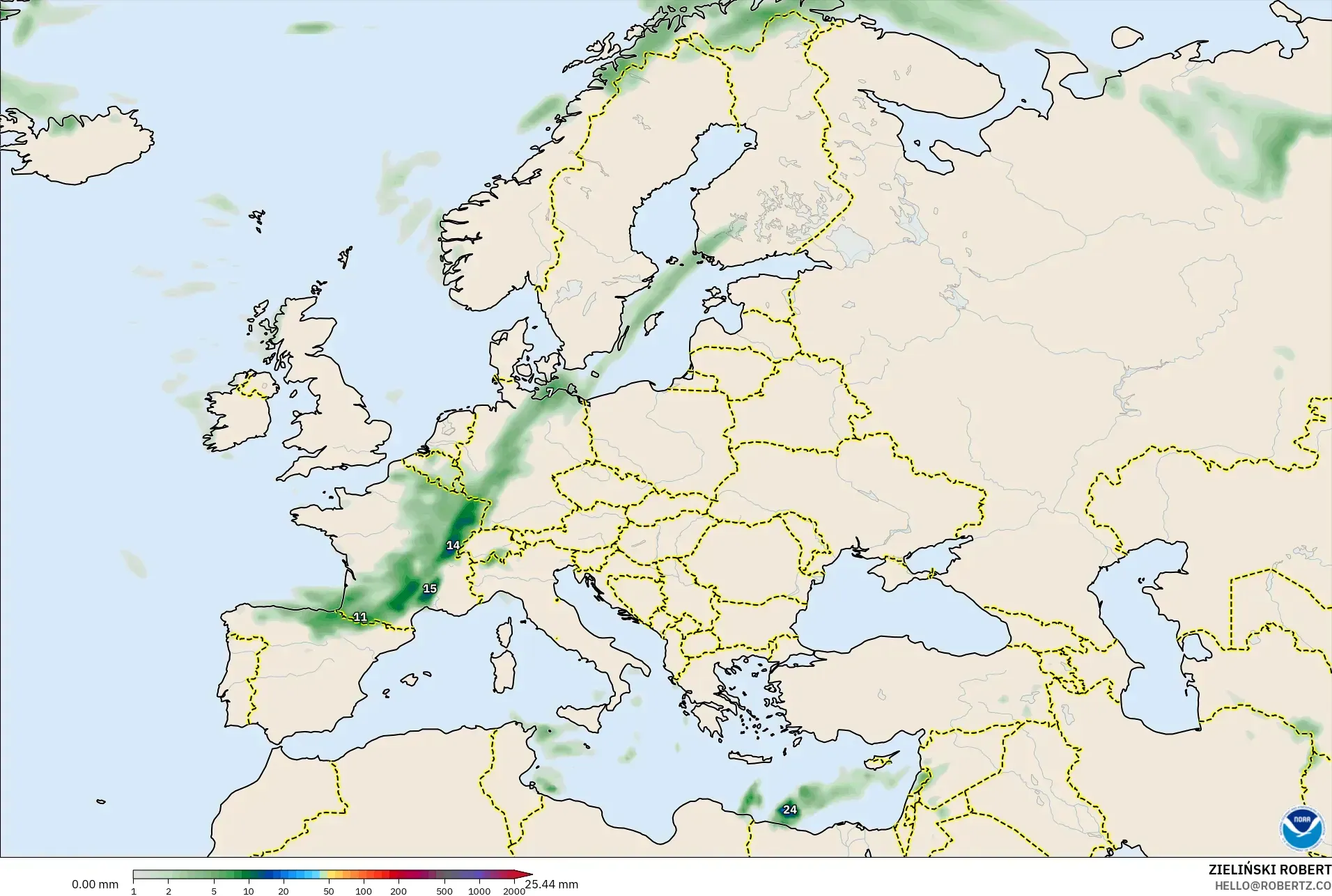 GFS model - Avrupa, Yağış Birikimi
