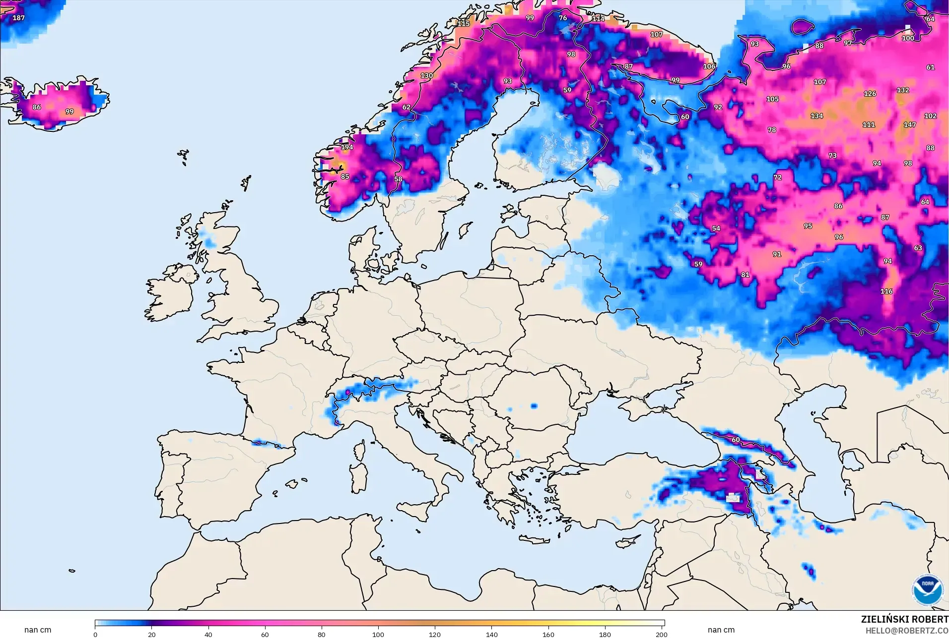 GFS model - Avrupa, Kar Kalınlığı