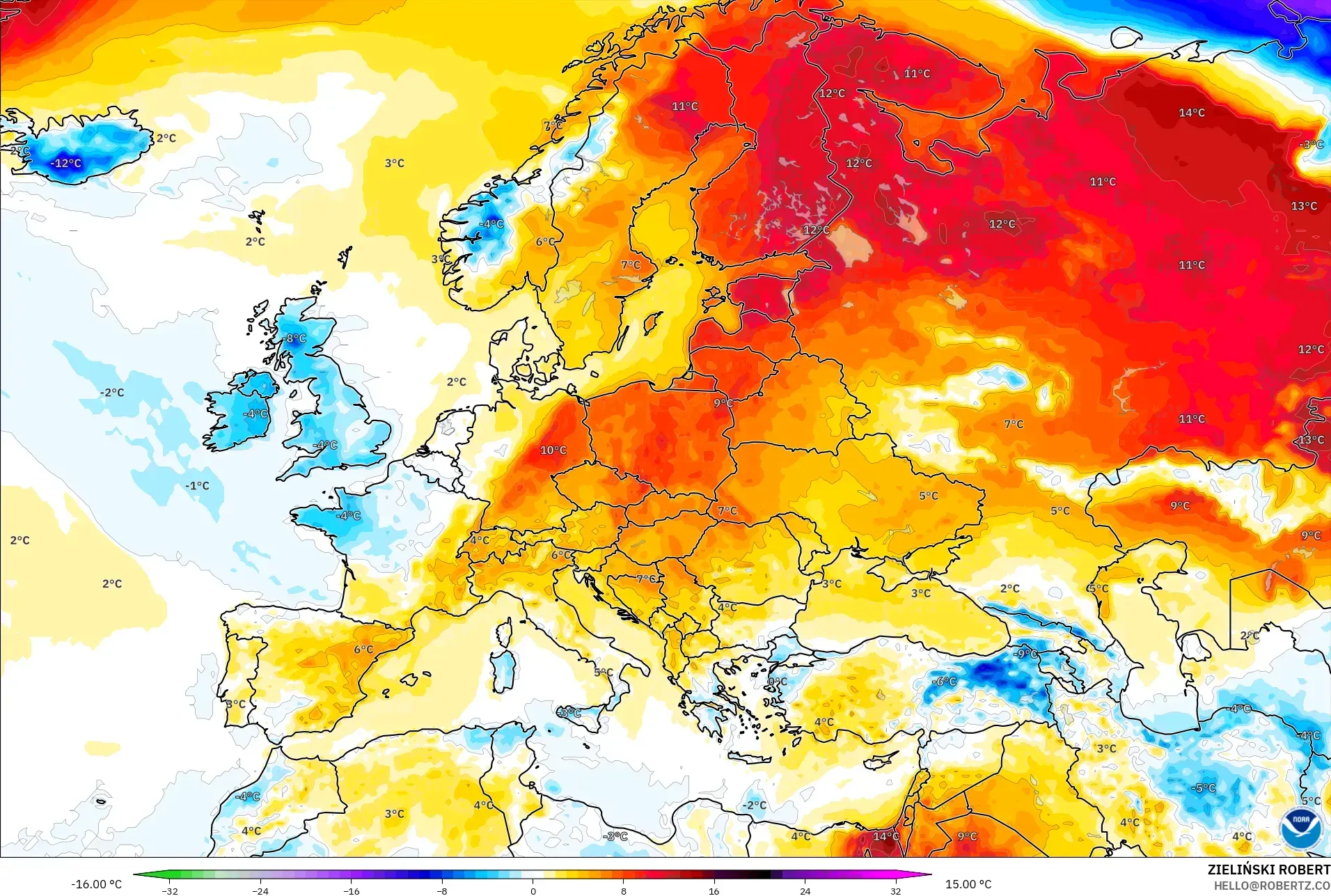 GFS model - Avrupa, 2 m Sıcaklık Anomalisi