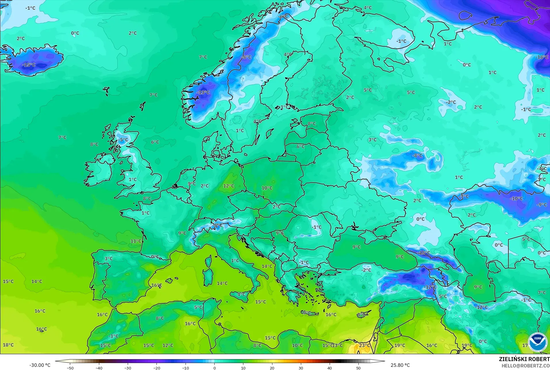 GFS model - Avrupa, 2 m Sıcaklık