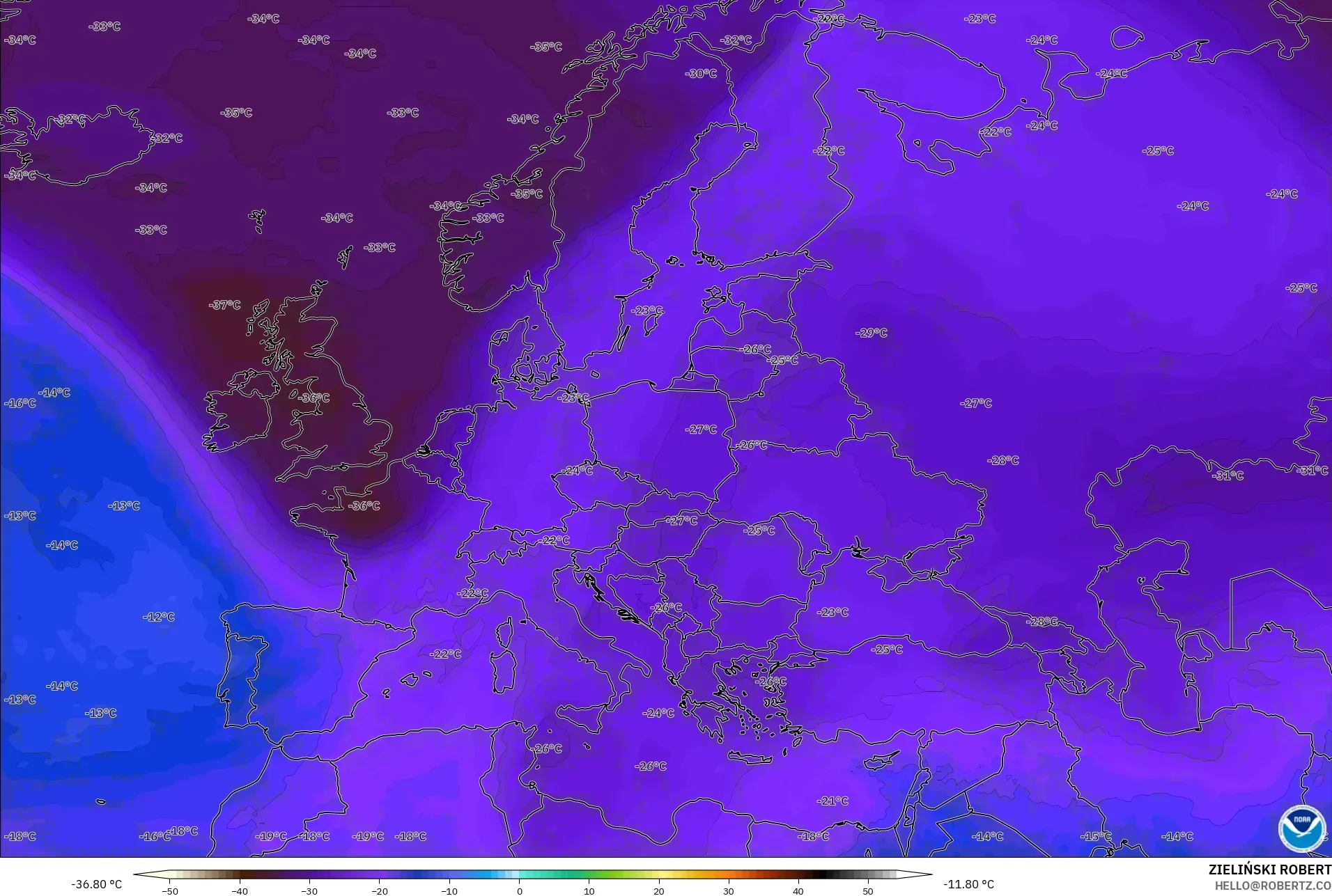 GFS model - Avrupa, 500 hPa Sıcaklık
