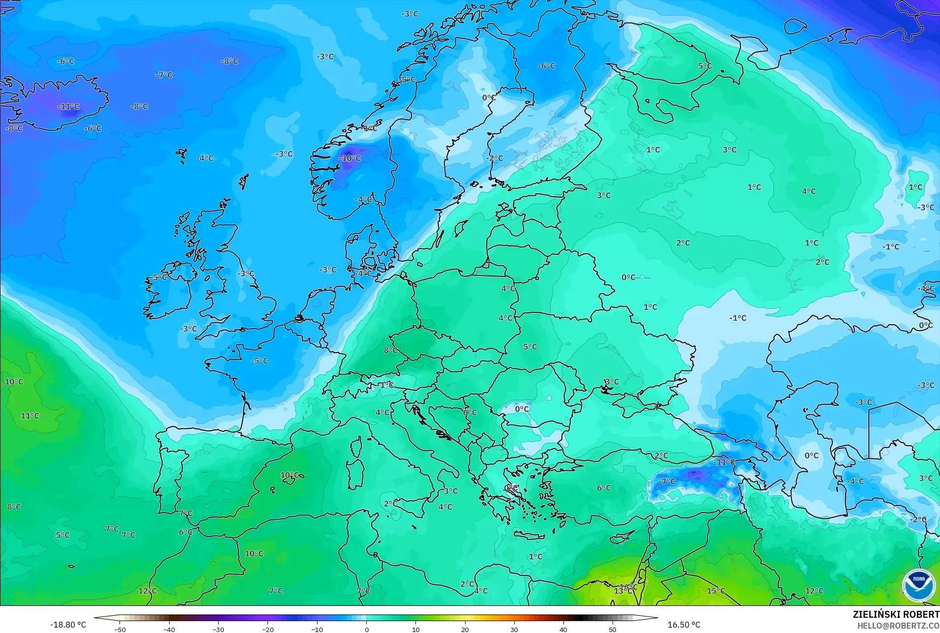 GFS model - Avrupa, 850 hPa Sıcaklık