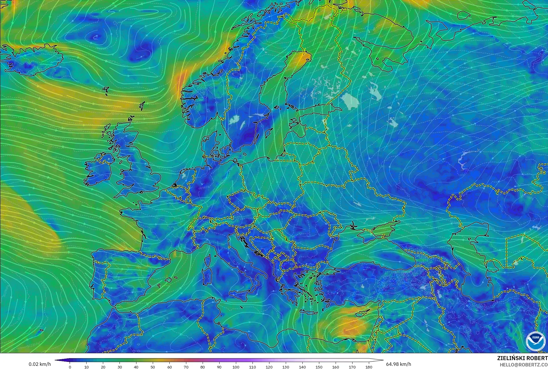 GFS model - Avrupa, 10 m Rüzgâr