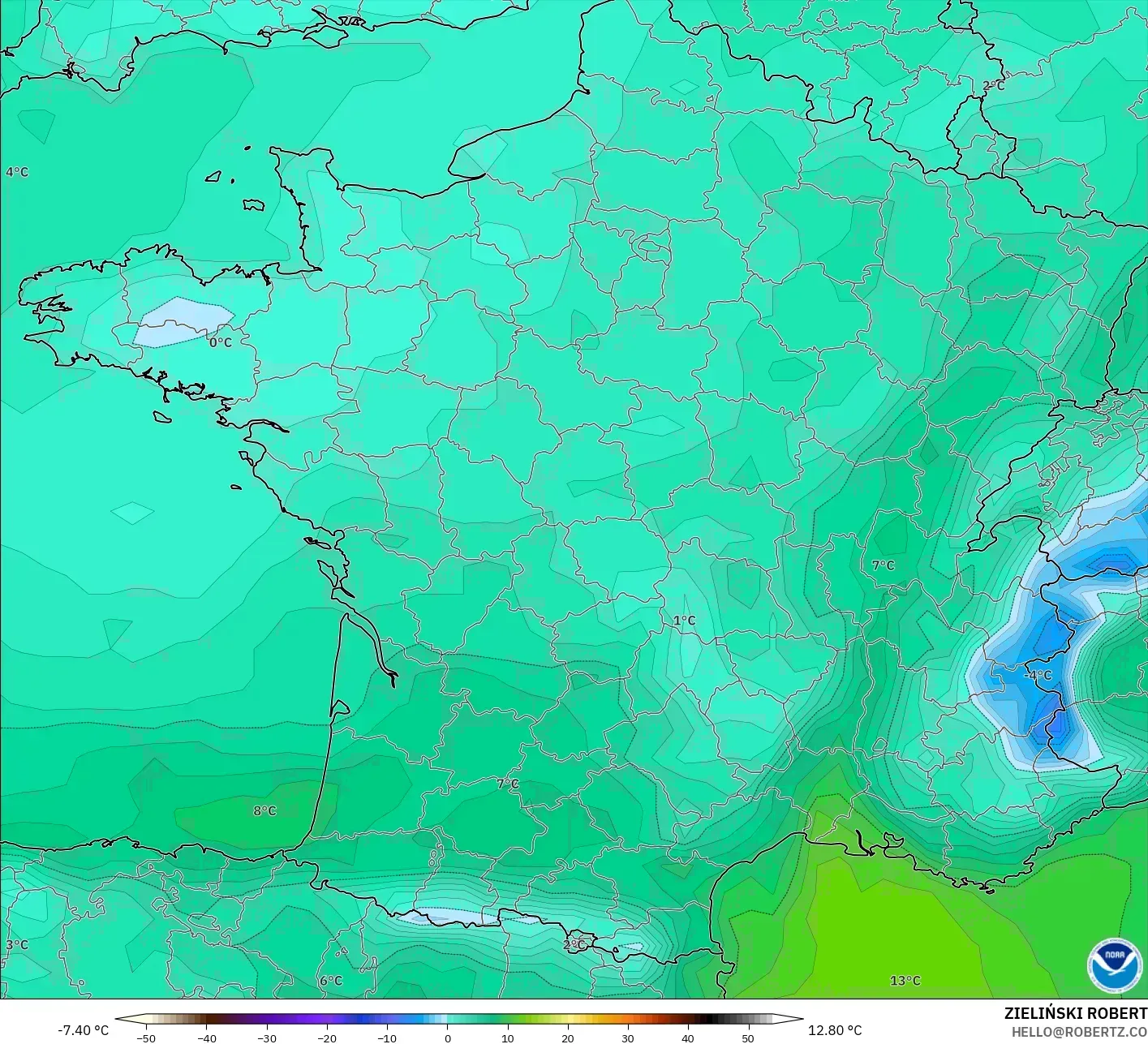 GFS model - Fransa, 2 m Çiy Noktası