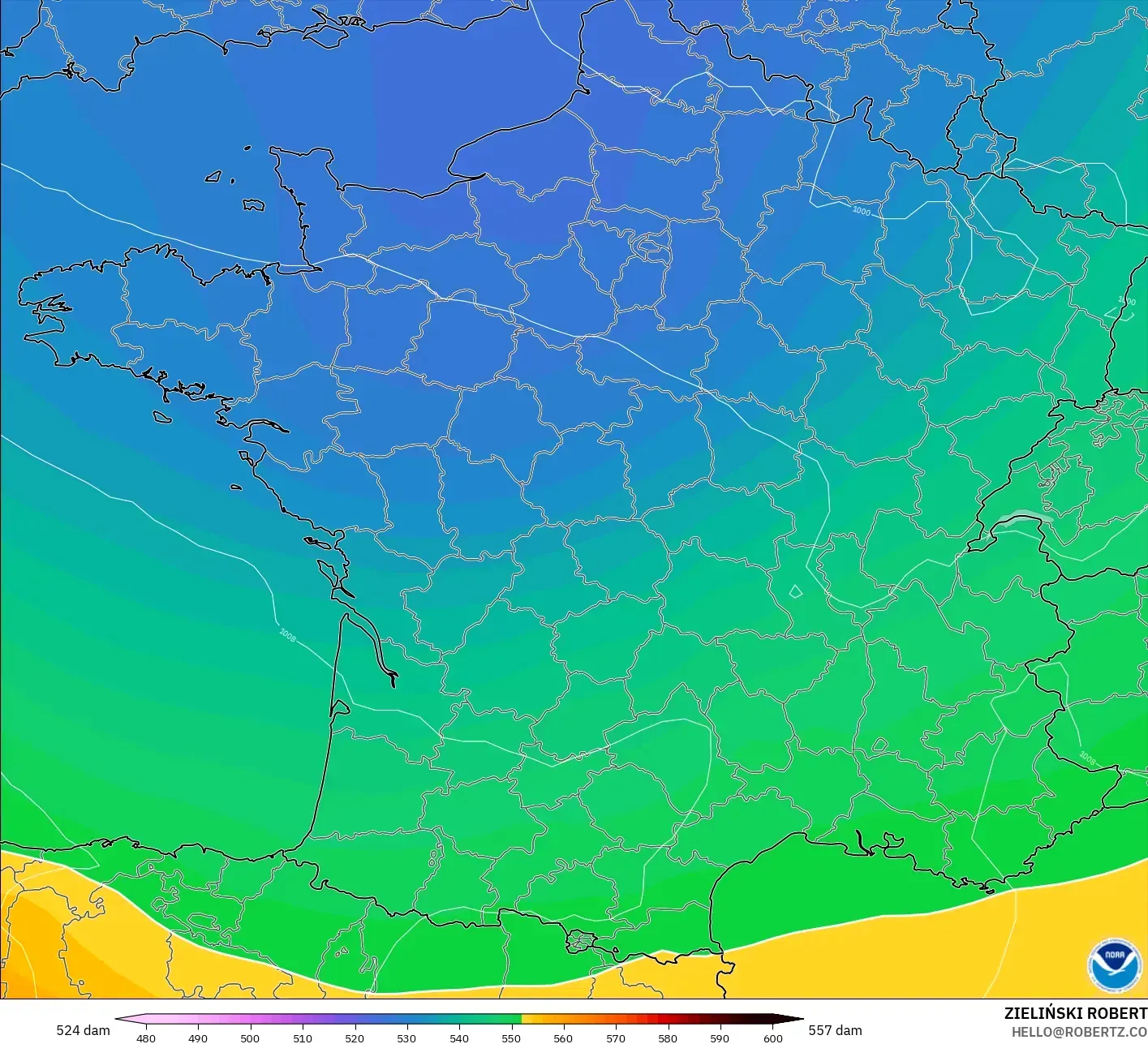 GFS model - Fransa, 500 hPa’da jeopotansiyel yükseklik