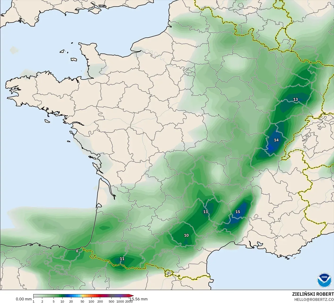 GFS model - Fransa, Yağış Birikimi