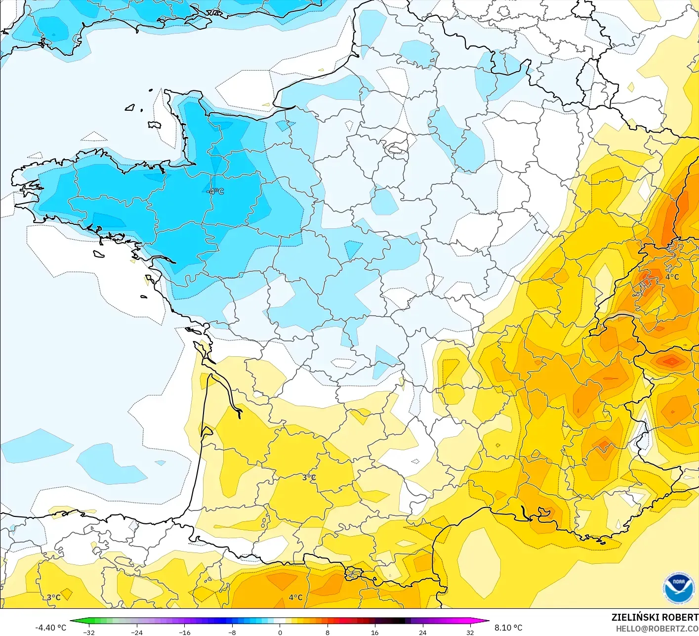 GFS model - Fransa, 2 m Sıcaklık Anomalisi
