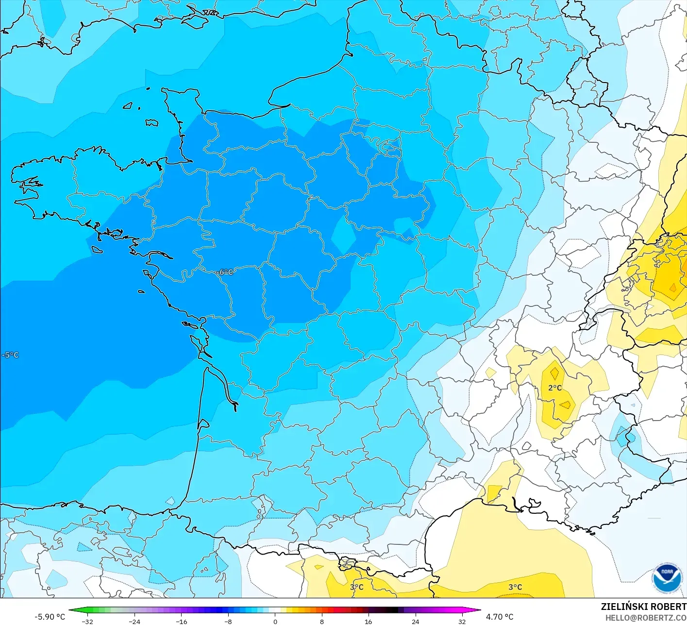 GFS model - Fransa, 850 hPa Sıcaklık Anomalisi