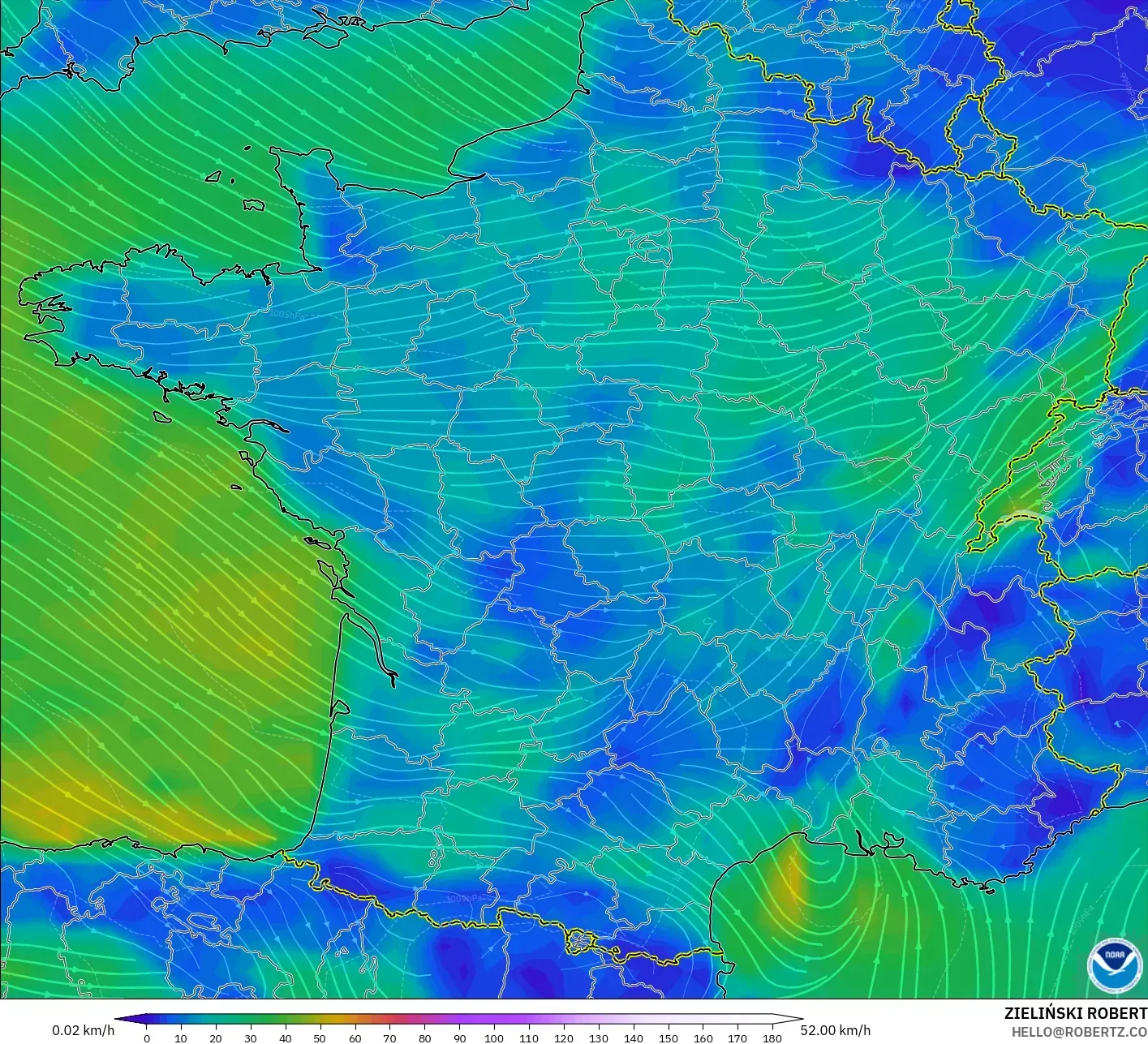 GFS model - Fransa, 10 m Rüzgâr