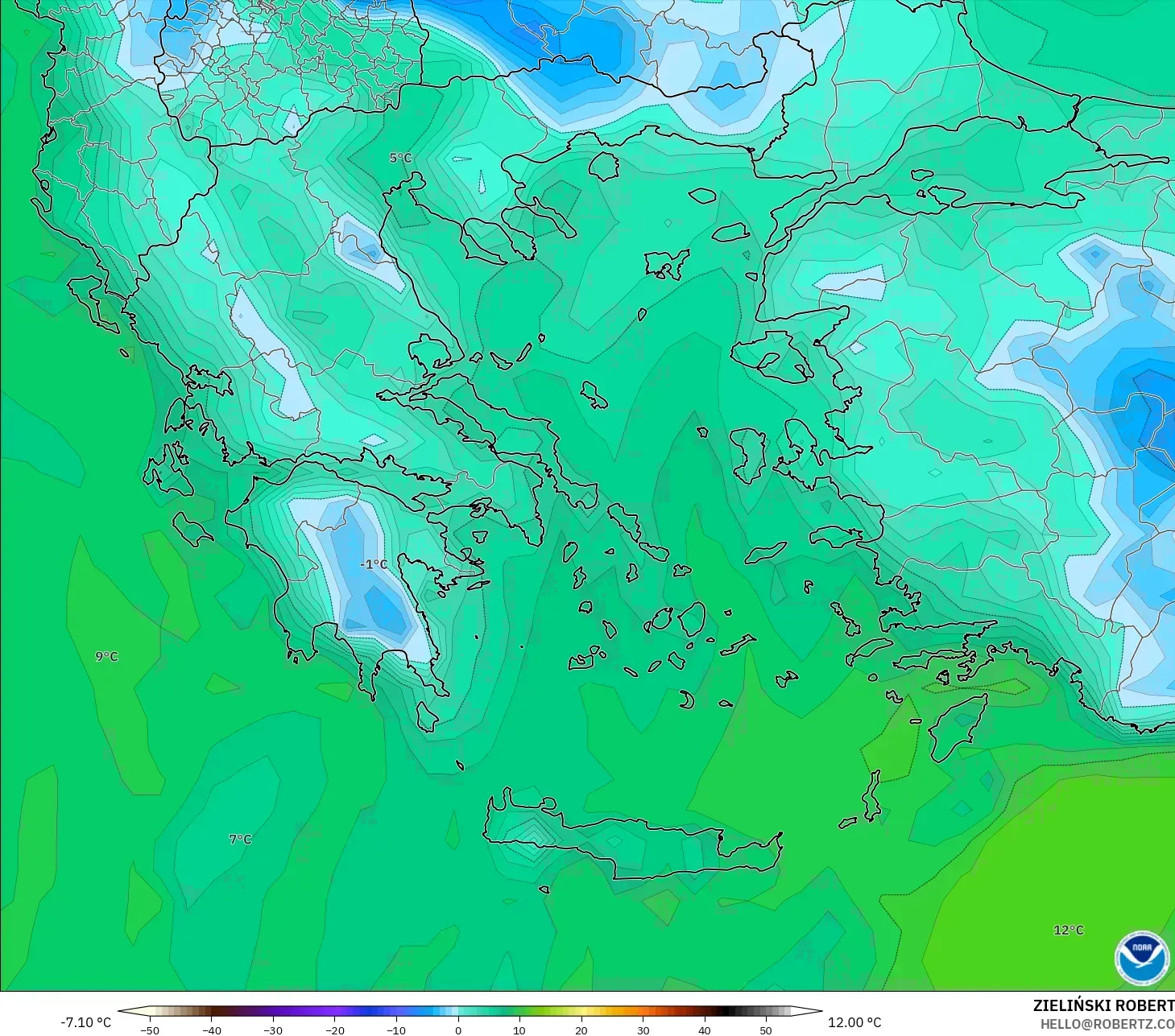 GFS model - Yunanistan, 2 m Çiy Noktası