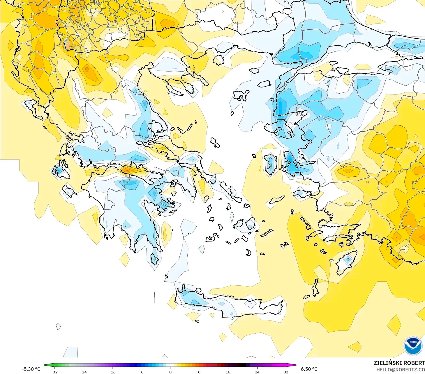 GFS model - Yunanistan, 2 m Sıcaklık Anomalisi