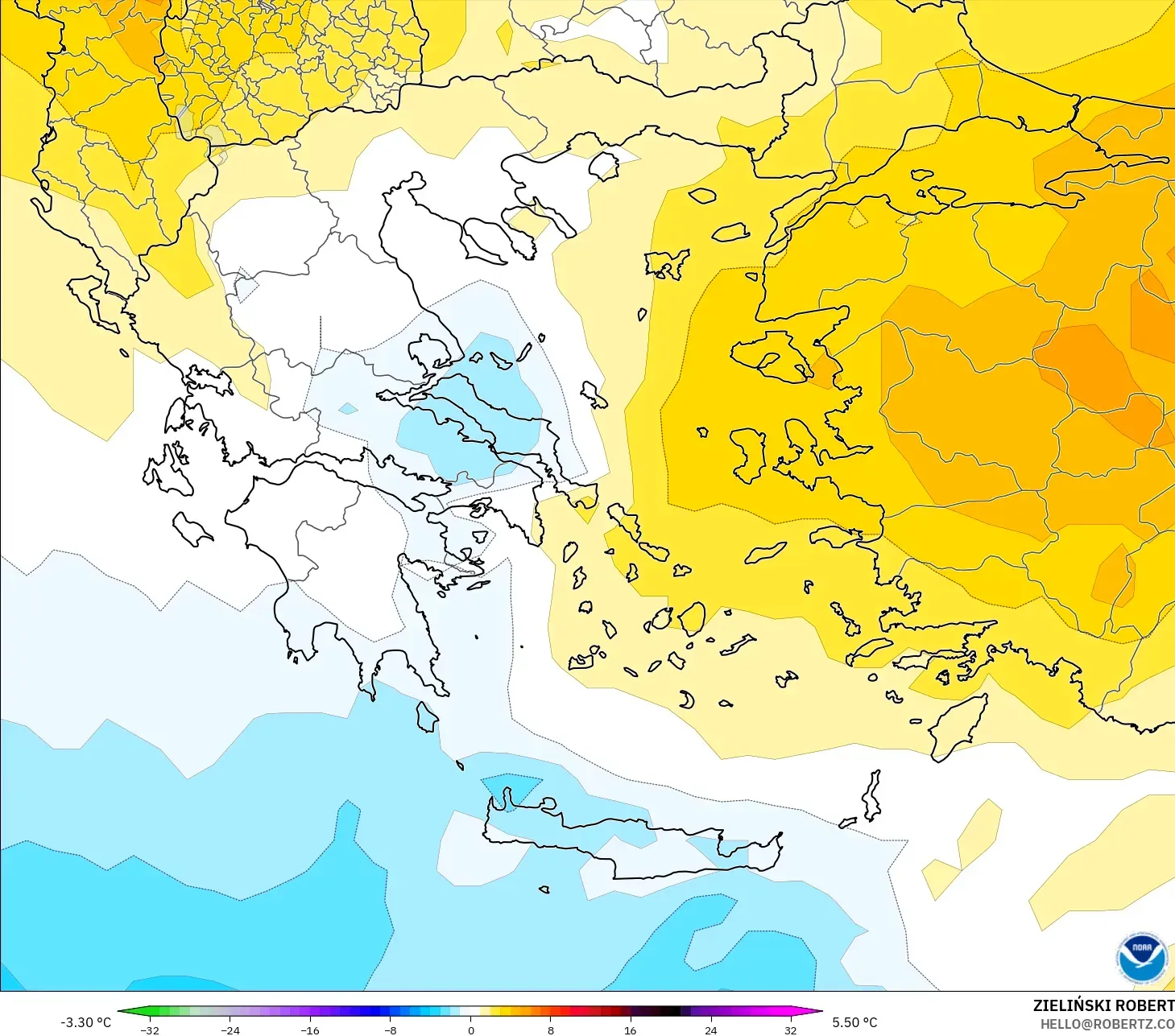 GFS model - Yunanistan, 850 hPa Sıcaklık Anomalisi