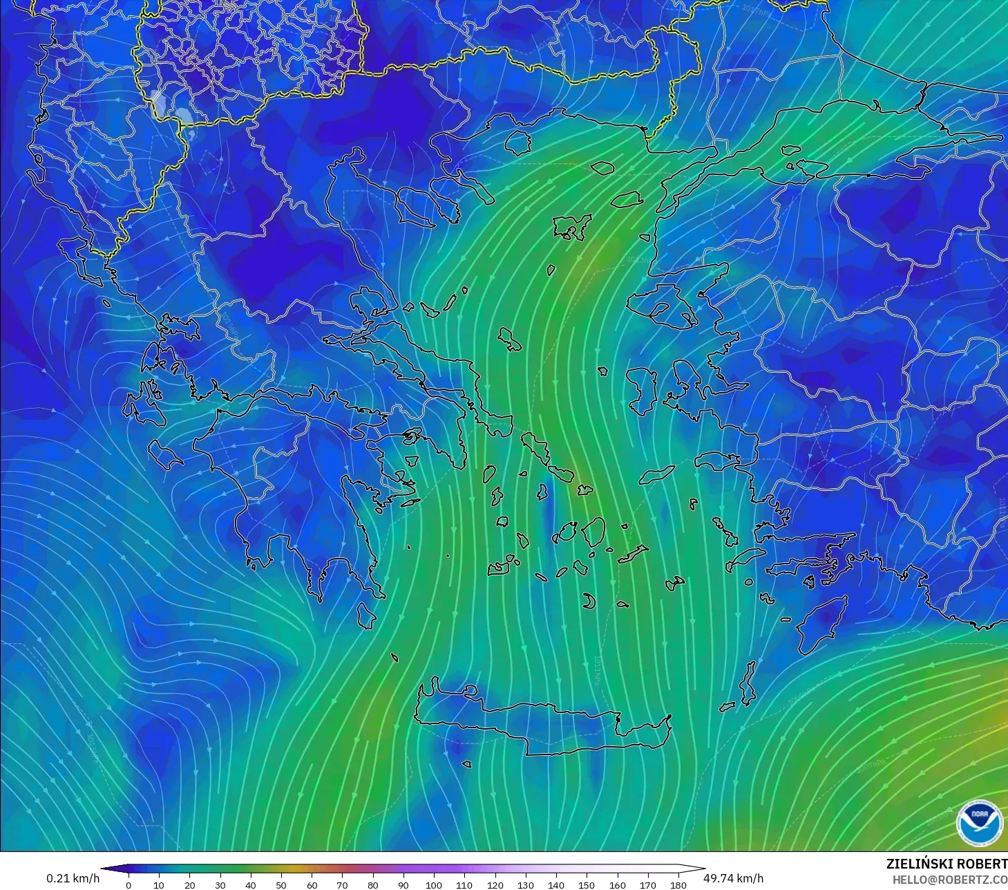 GFS model - Yunanistan, 10 m Rüzgâr