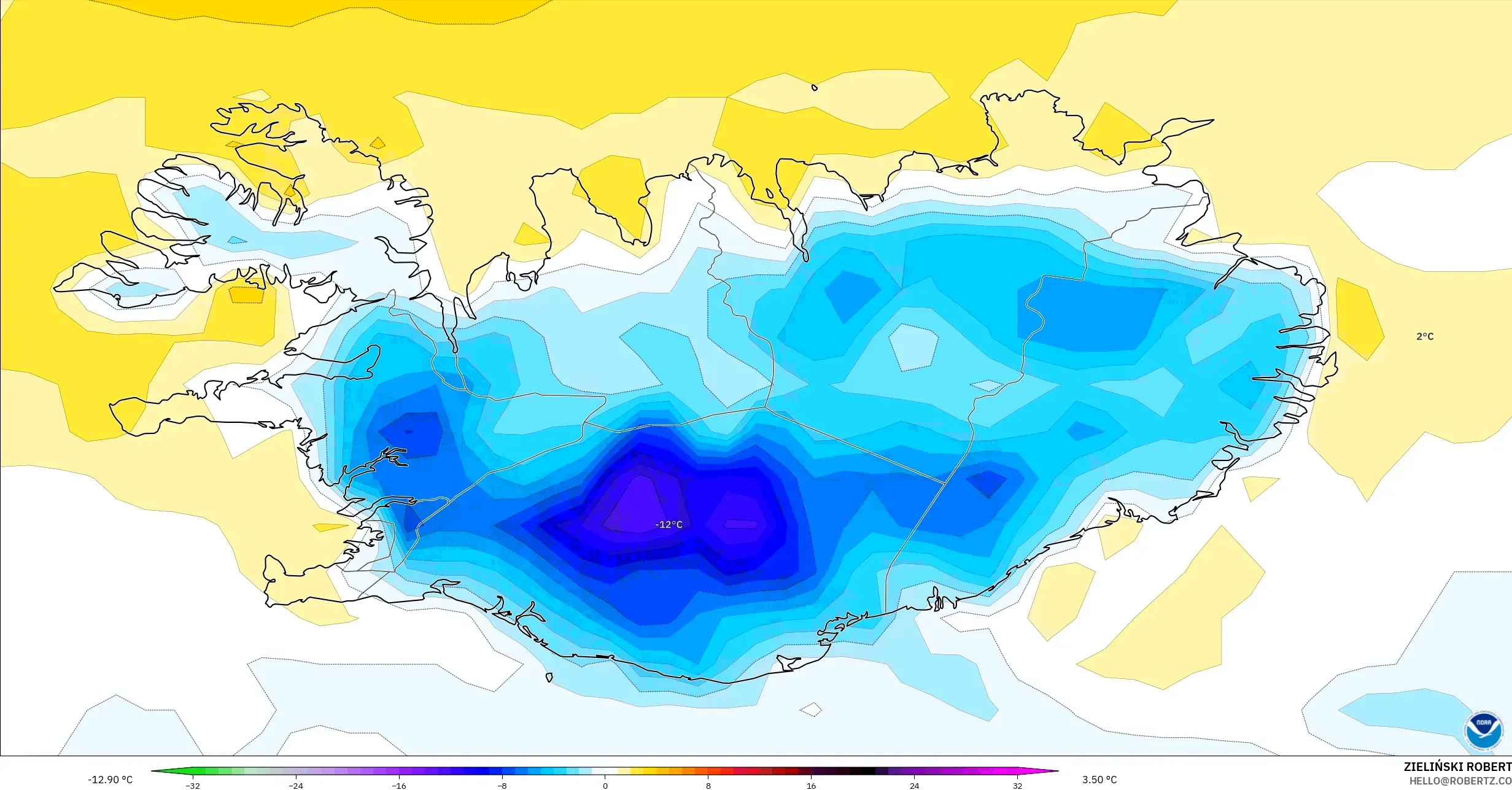 GFS model - İzlanda, 2 m Sıcaklık Anomalisi
