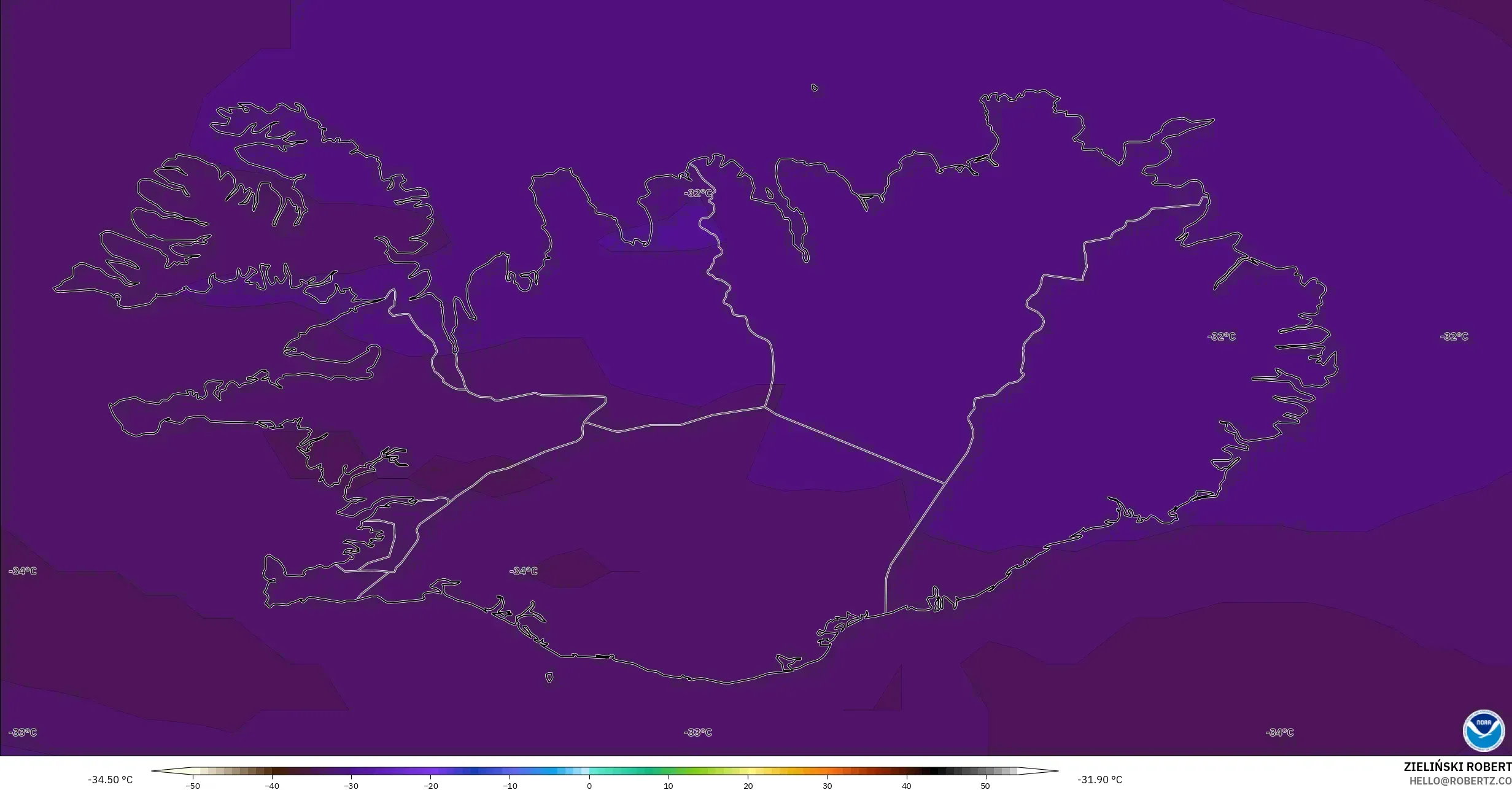 GFS model - İzlanda, 500 hPa Sıcaklık