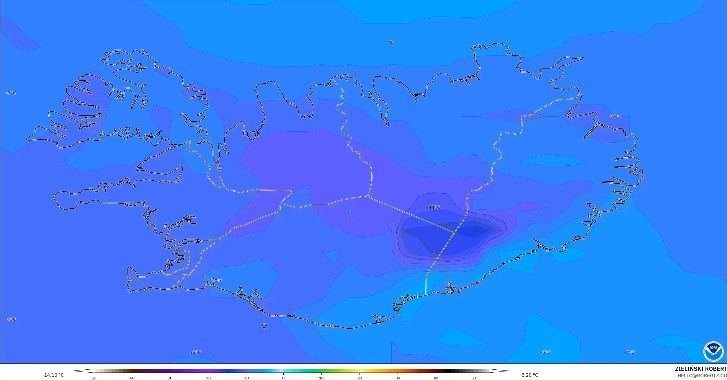 GFS model - İzlanda, 850 hPa Sıcaklık