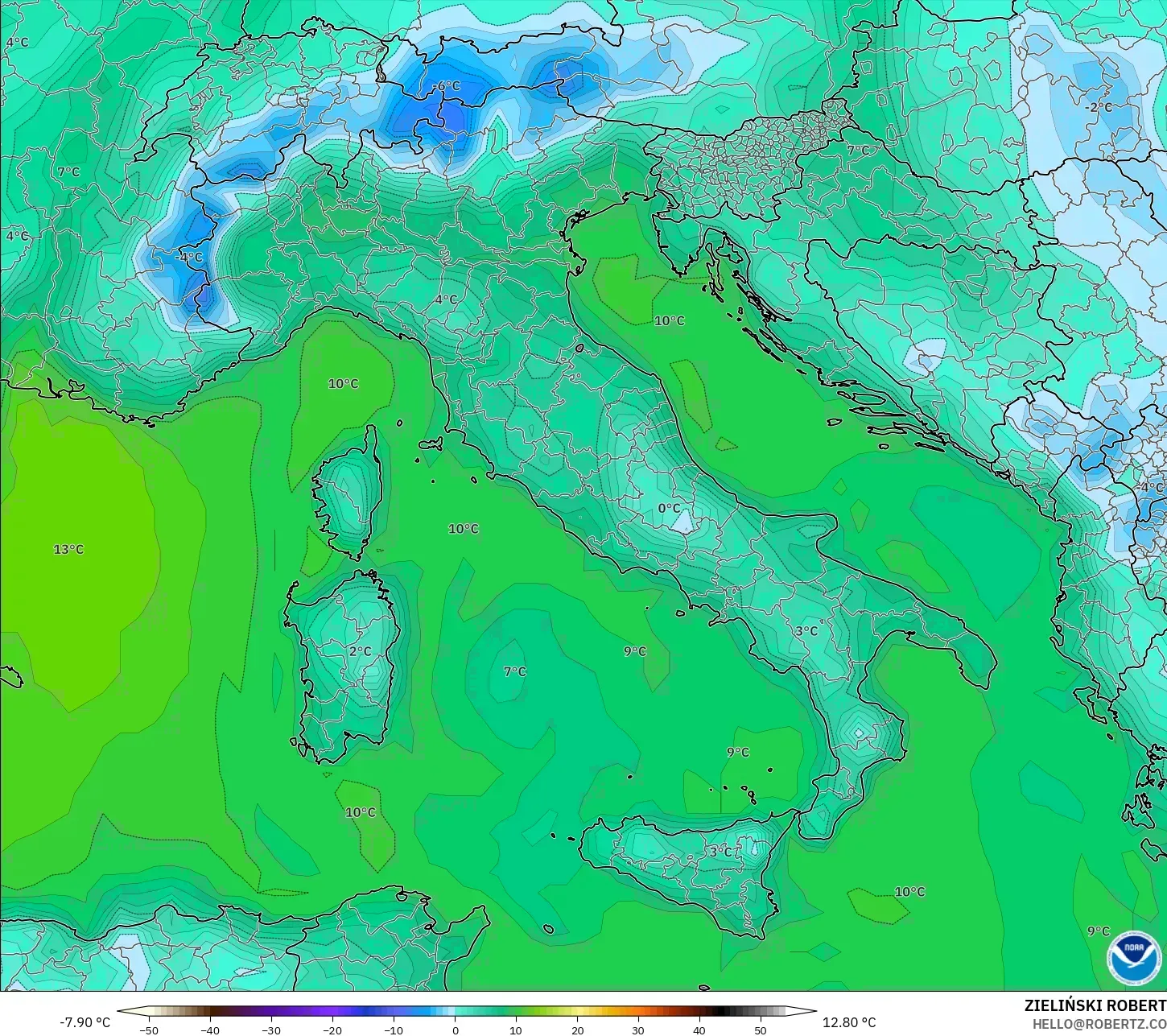 GFS model - İtalya, 2 m Çiy Noktası
