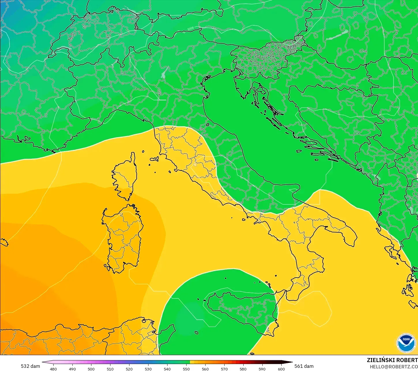 GFS model - İtalya, 500 hPa’da jeopotansiyel yükseklik