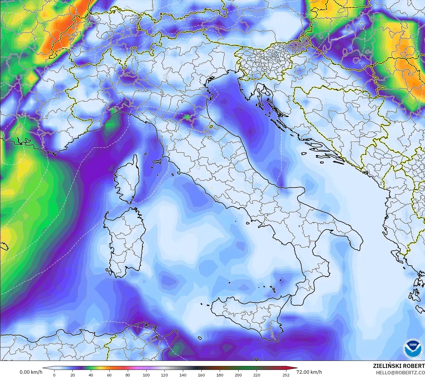 GFS model - İtalya, En Yüksek Rüzgâr