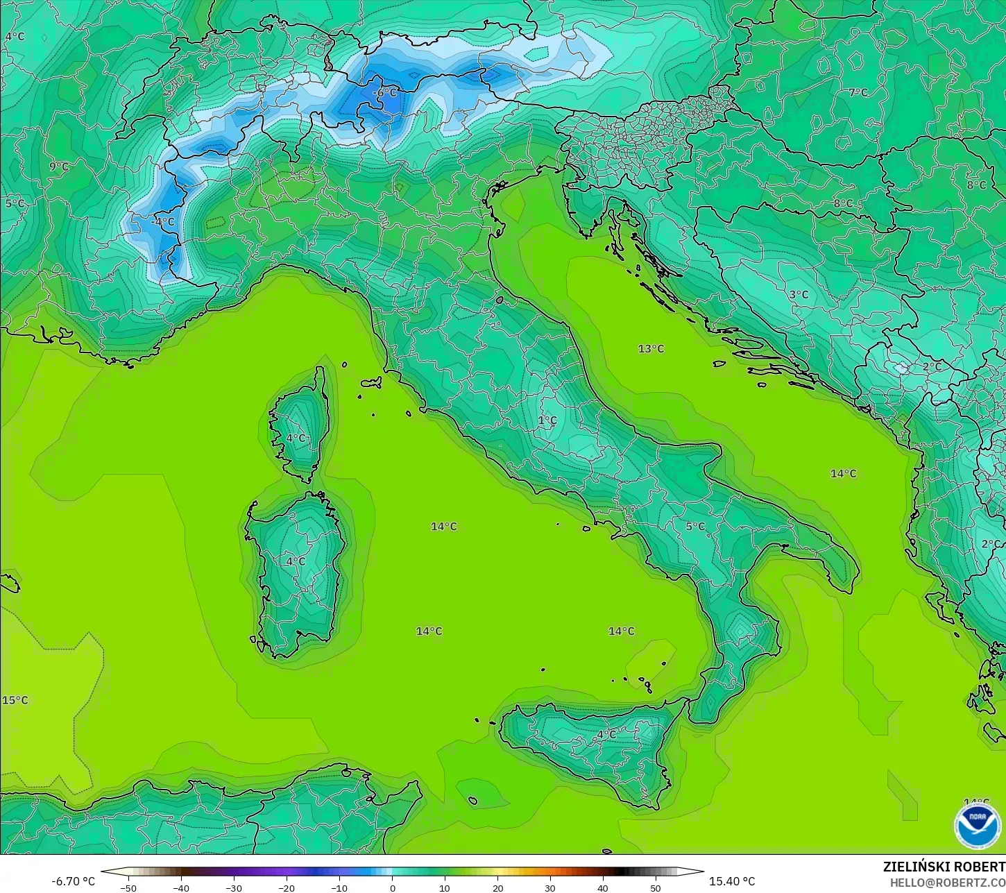 GFS model - İtalya, 2 m Sıcaklık