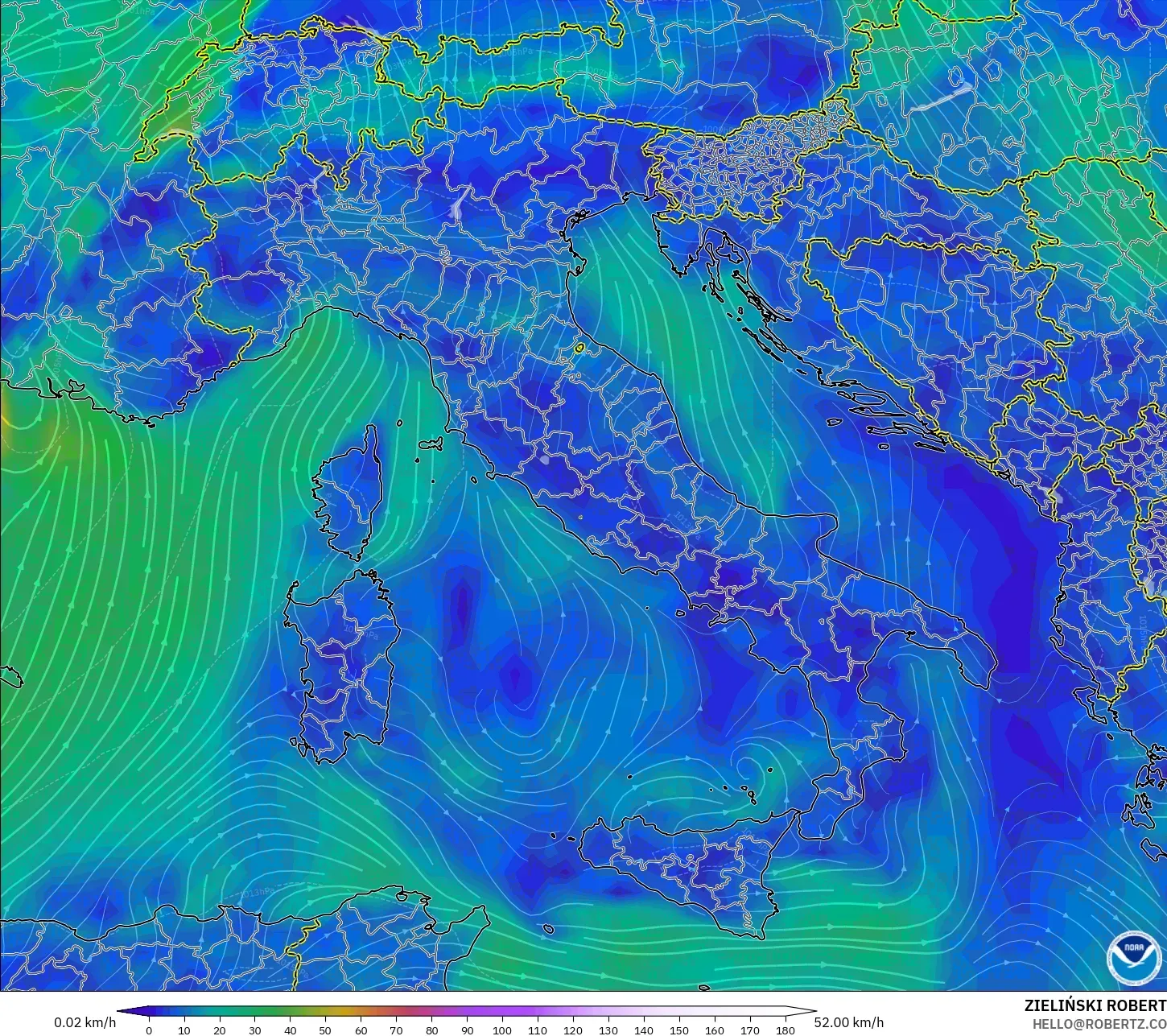 GFS model - İtalya, 10 m Rüzgâr