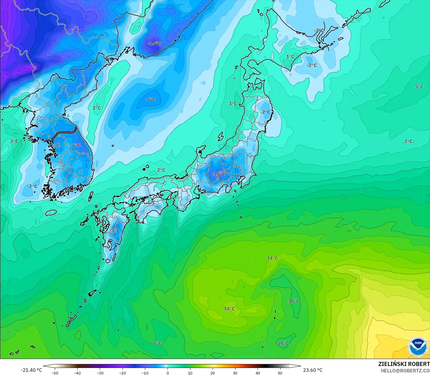 GFS model - Japonya, 2 m Çiy Noktası
