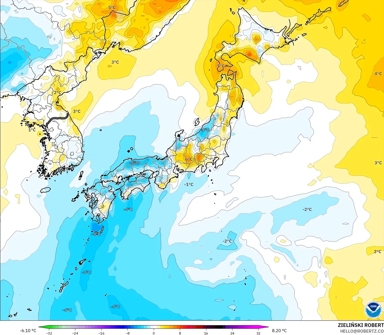 GFS model - Japonya, 2 m Sıcaklık Anomalisi